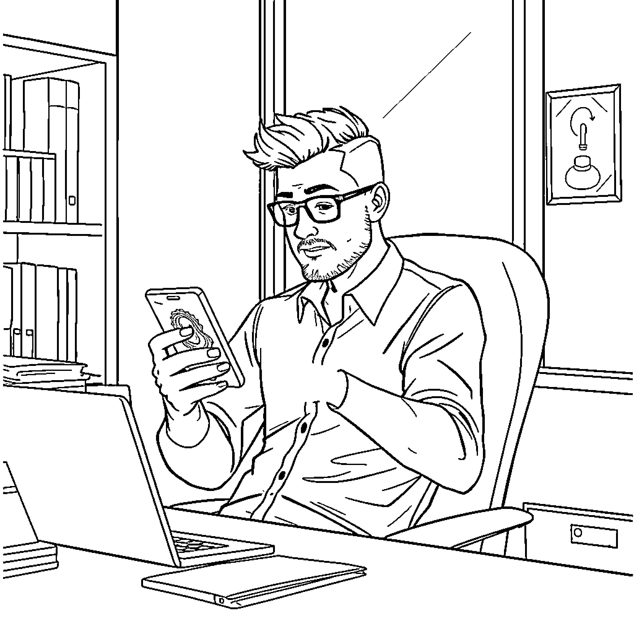 Guy working intently on his laptop and phone Coloring Page (free black-and-white line drawing printable PDF for all, from beginners to advanced learners, including children, teens, adults, and seniors)
