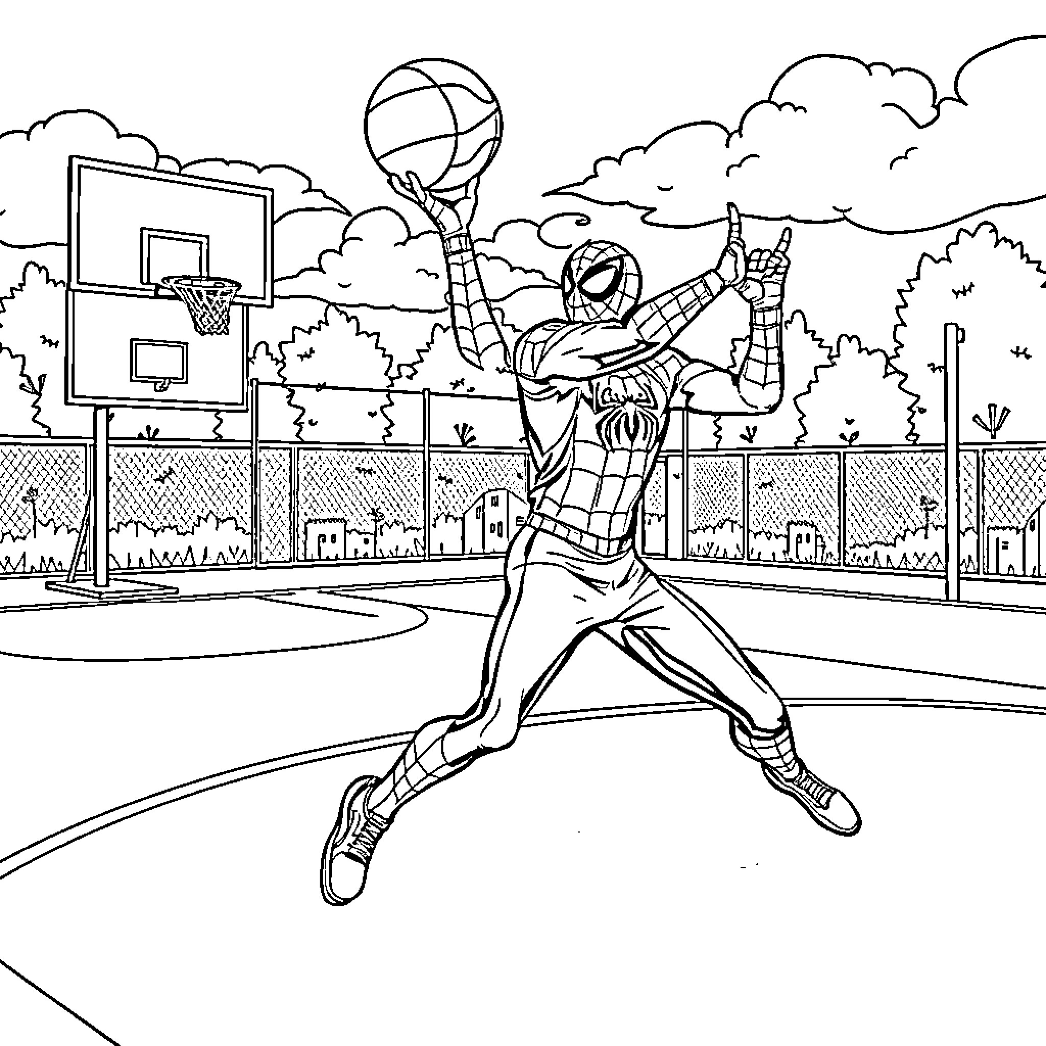 Spiderman jumping to shoot a basketball on a court Coloring Page (free black-and-white line drawing printable PDF for all, from beginners to advanced learners, including children, teens, adults, and seniors)