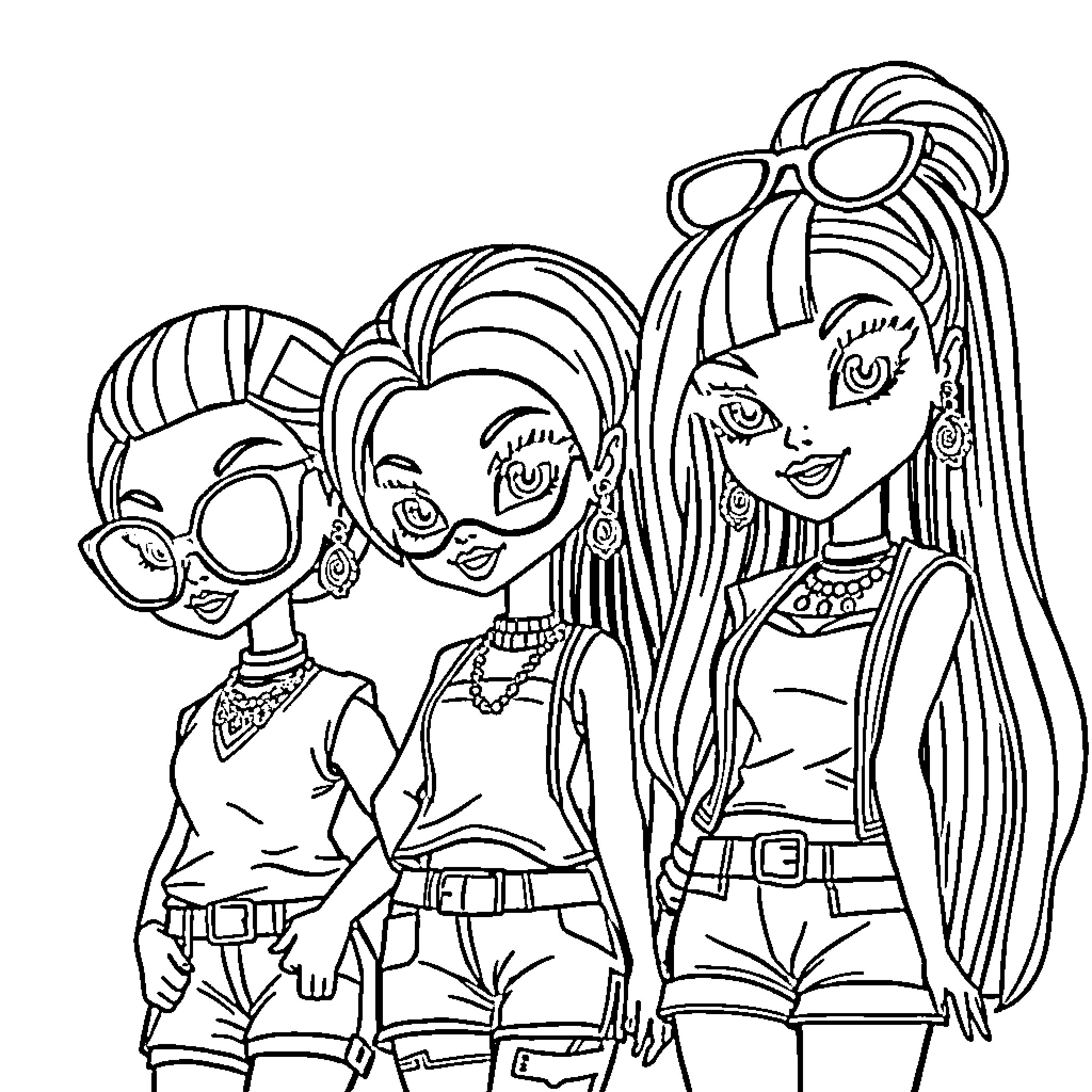 Bratz girls posing stylishly in fashionable outfits Coloring Page (free black-and-white line drawing printable PDF for all, from beginners to advanced learners, including children, teens, adults, and seniors)