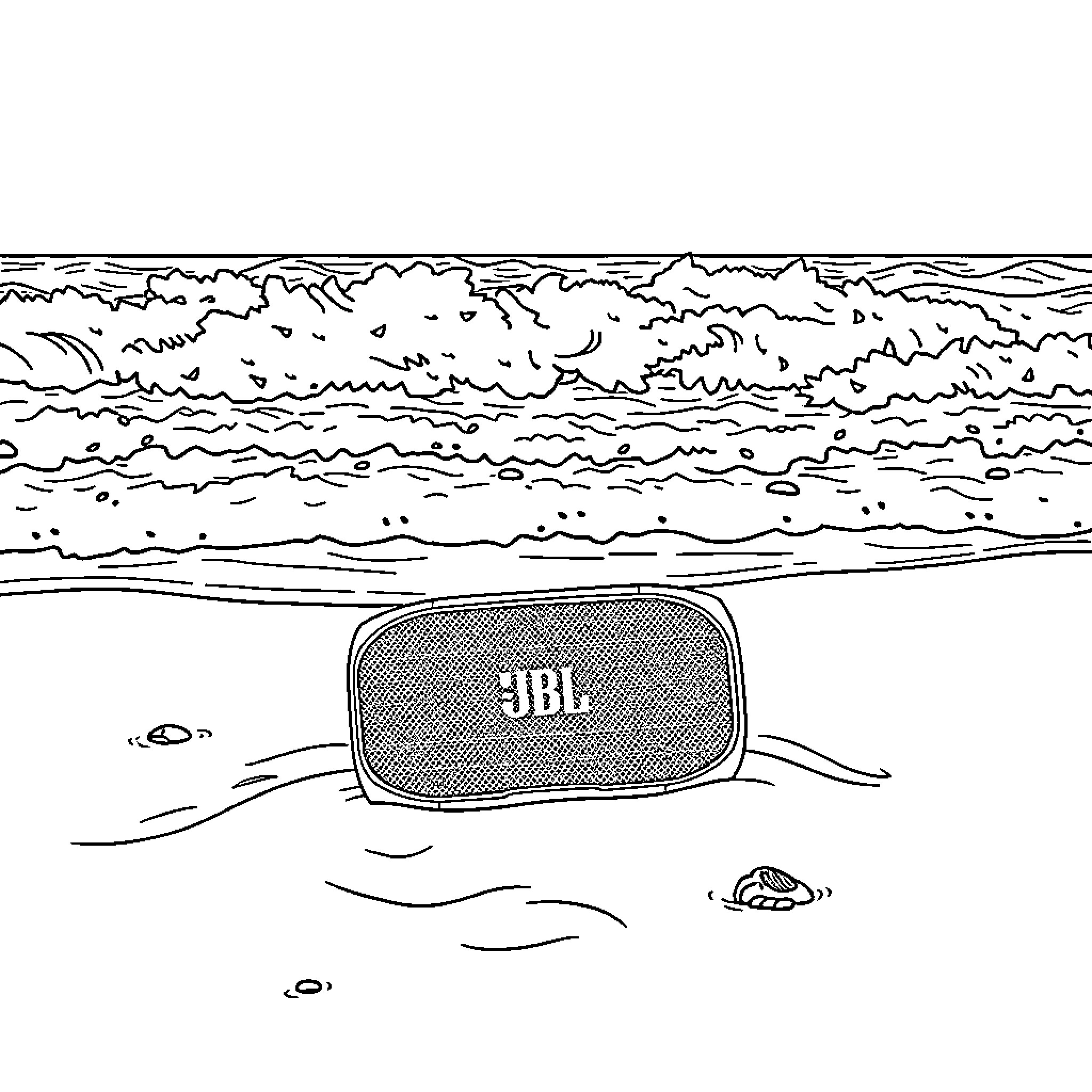 JBL Xtreme floating in the waves Coloring Page (free black-and-white line drawing printable PDF for all, from beginners to advanced learners, including children, teens, adults, and seniors)