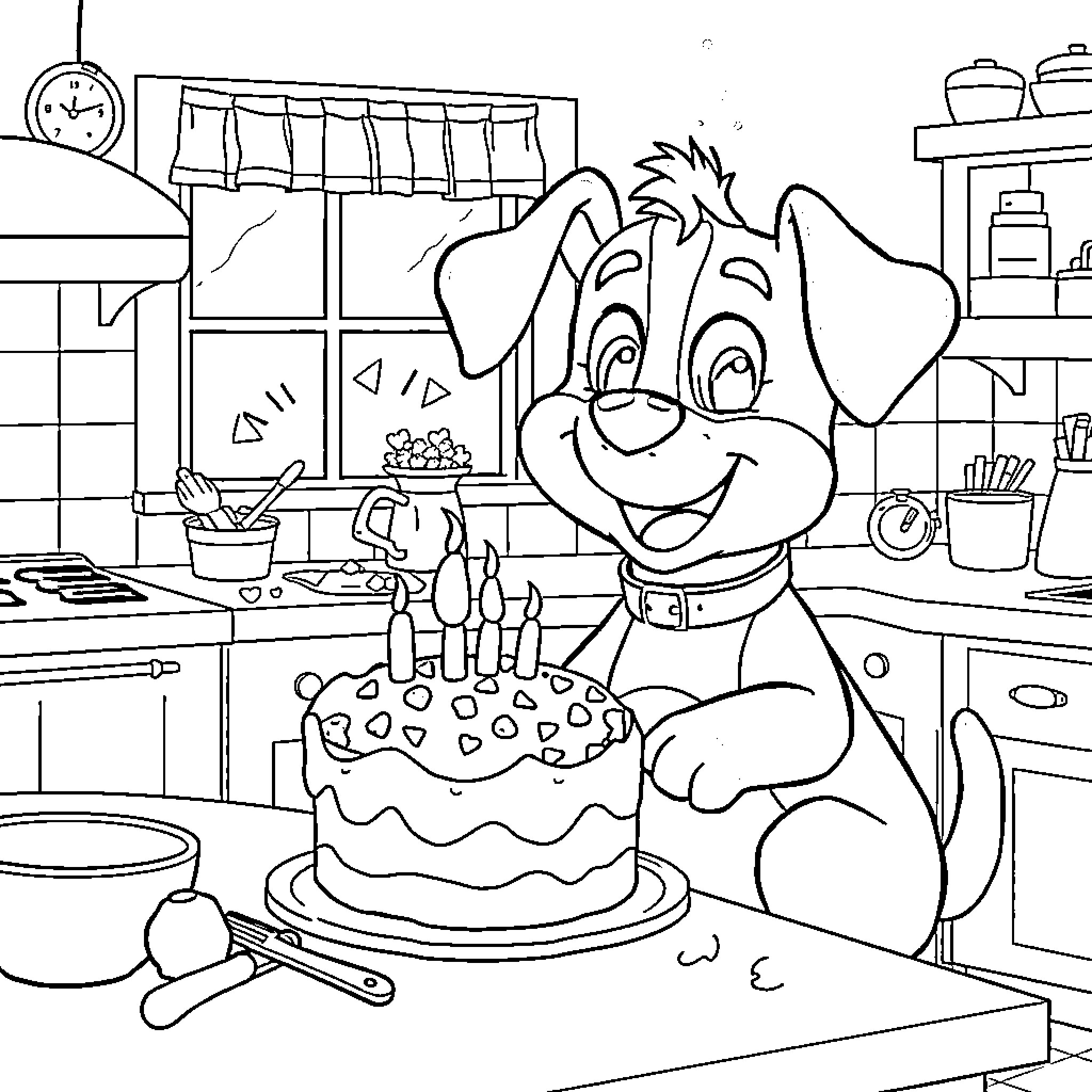 Bluey's Surprise Birthday Celebration in the Kitchen Coloring Page (free black-and-white line drawing printable PDF for all, from beginners to advanced learners, including children, teens, adults, and seniors)