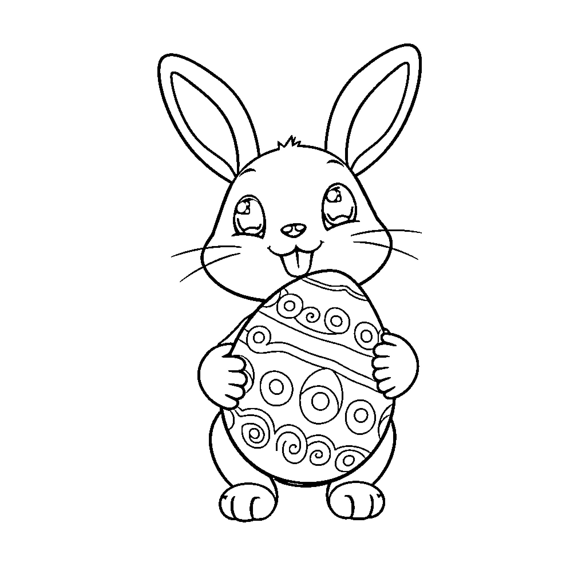 Bunny holding a decorated Easter egg Coloring Page (free black-and-white line drawing printable PDF for all, from beginners to advanced learners, including children, teens, adults, and seniors)