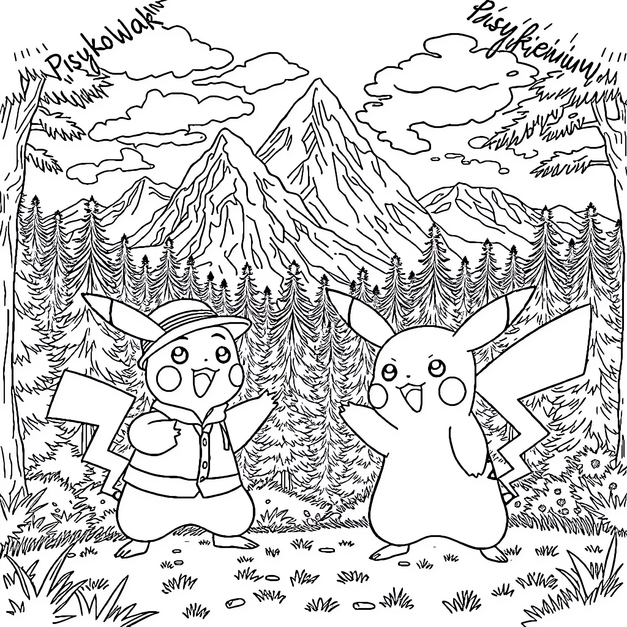 Pikachu enjoying nature with friends in the mountains Coloring Page (free black-and-white line drawing printable PDF for all, from beginners to advanced learners, including children, teens, adults, and seniors)