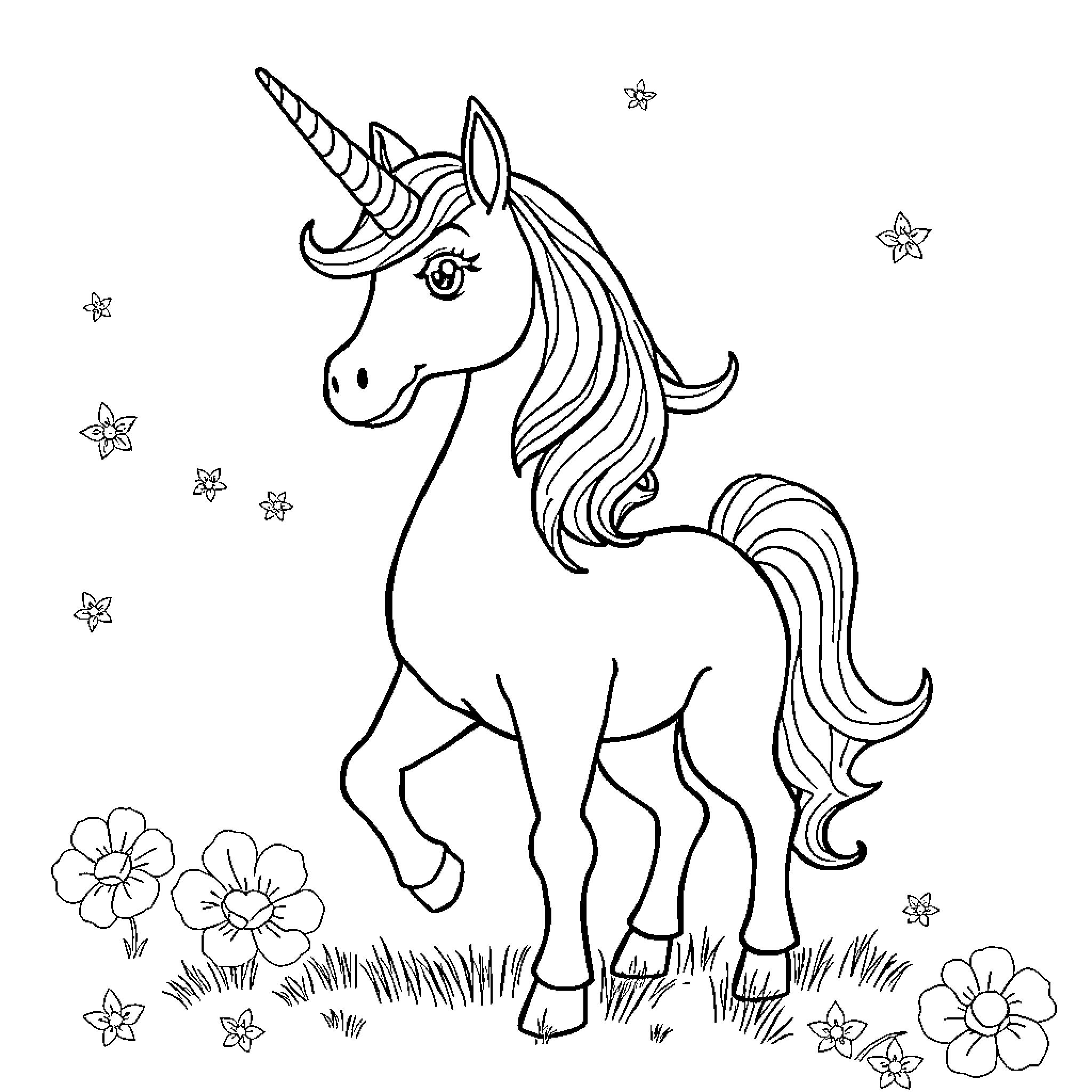 Unicorn standing in a whimsical meadow Coloring Page (free black-and-white line drawing printable PDF for all, from beginners to advanced learners, including children, teens, adults, and seniors)