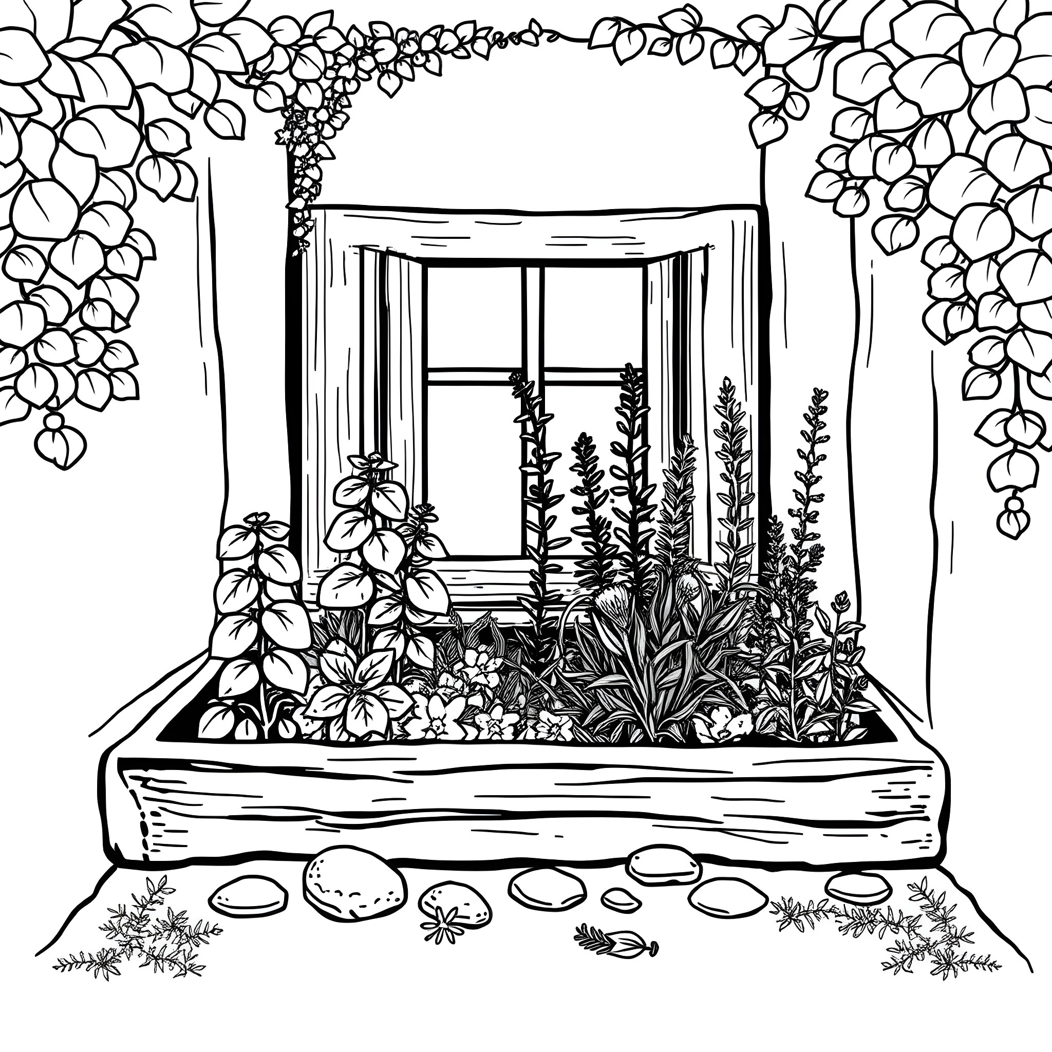 Herb Garden Greenhouse Window Coloring Page (free black-and-white line drawing printable PDF for all, from beginners to advanced learners, including children, teens, adults, and seniors)