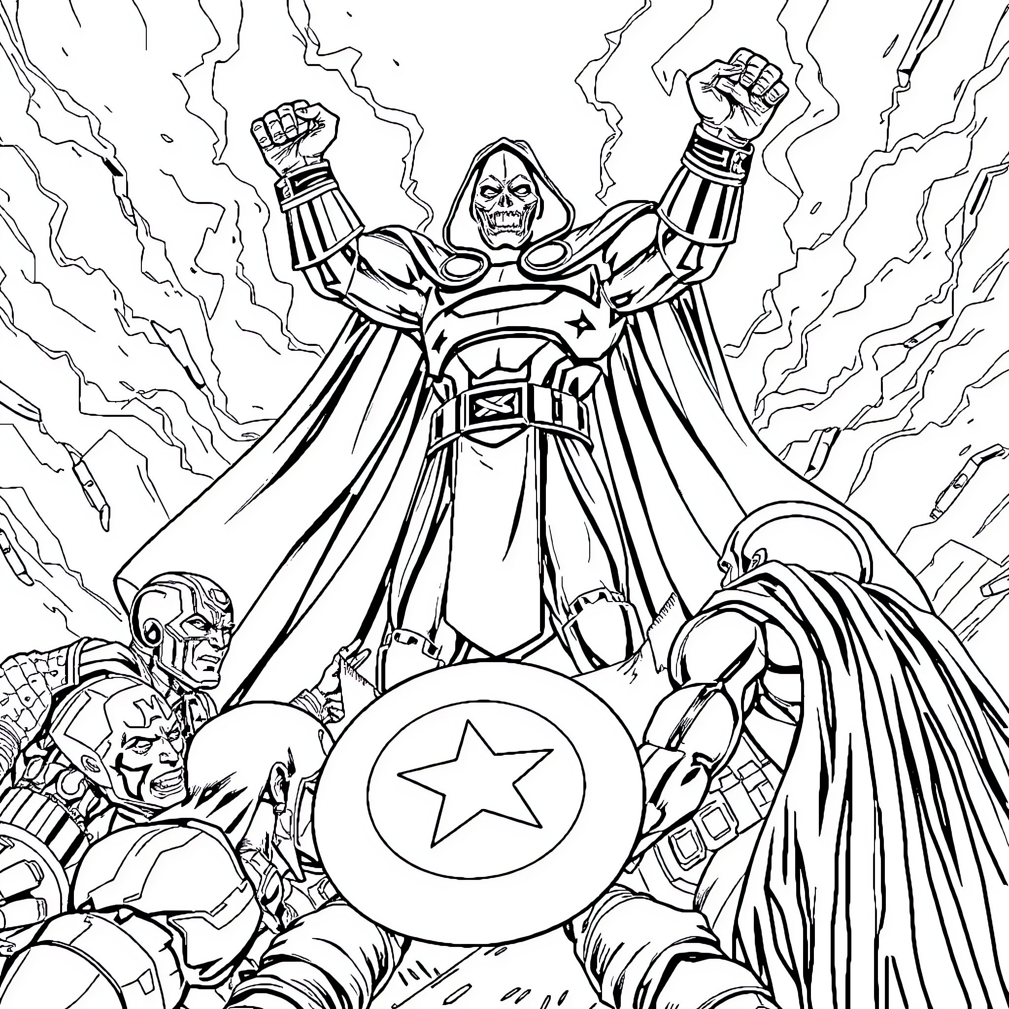 Doctor Doom battling heroes in an epic showdown Coloring Page (free black-and-white line drawing printable PDF for all, from beginners to advanced learners, including children, teens, adults, and seniors)