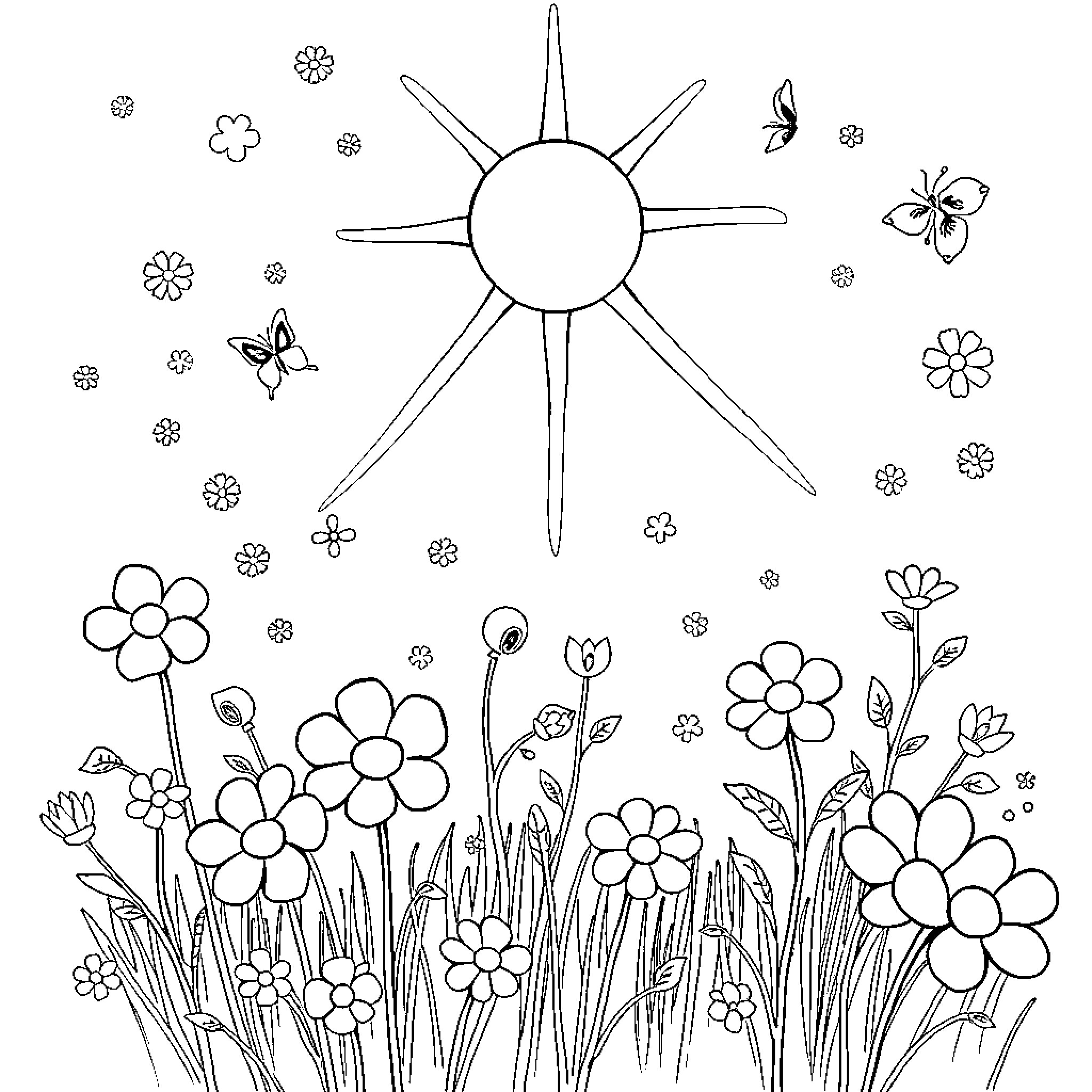 Tralale Sunny Meadow with Flowers and Butterflies Coloring Page (free black-and-white line drawing printable PDF for all, from beginners to advanced learners, including children, teens, adults, and seniors)