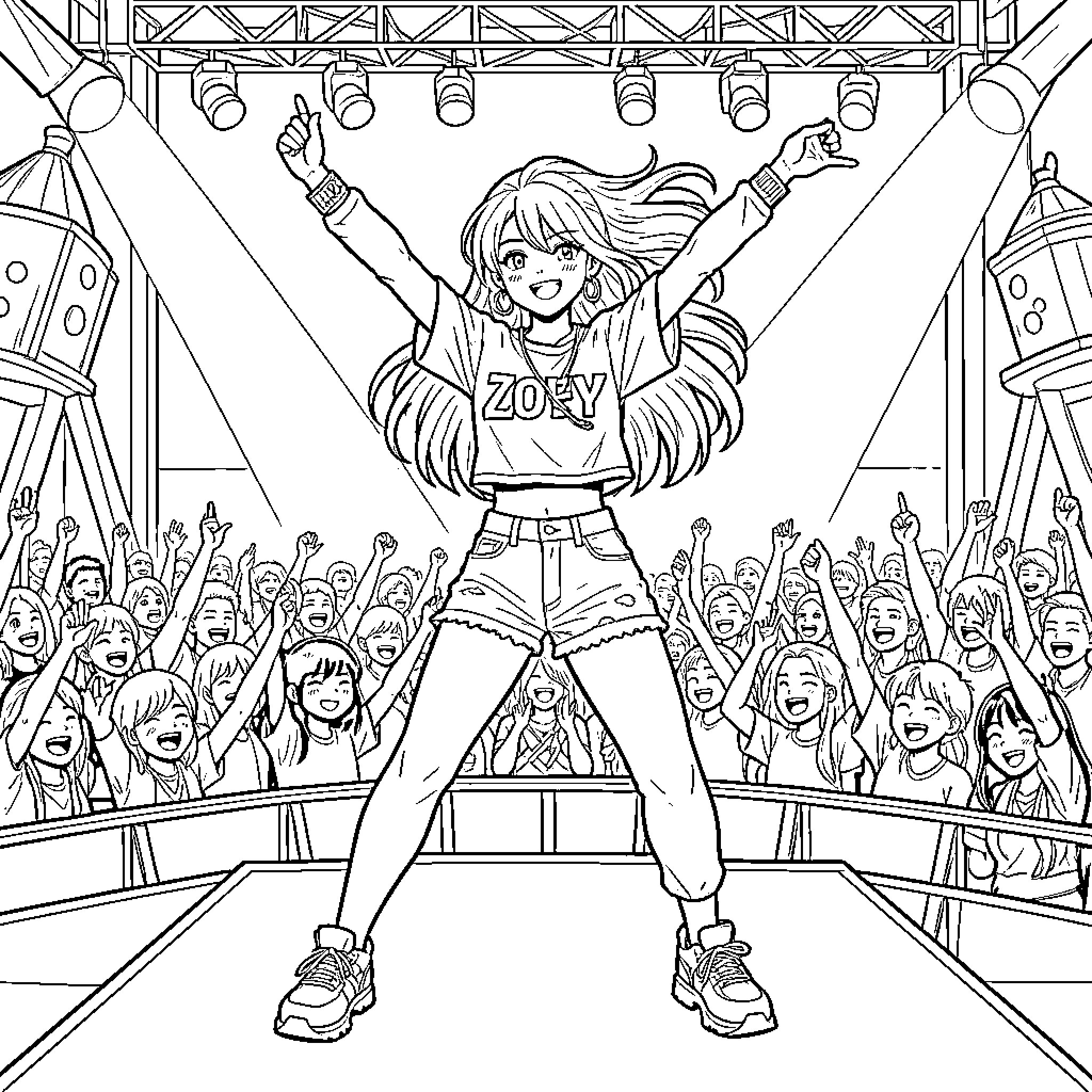Zoey performing energetically on stage for a cheering crowd Coloring Page (free black-and-white line drawing printable PDF for all, from beginners to advanced learners, including children, teens, adults, and seniors)