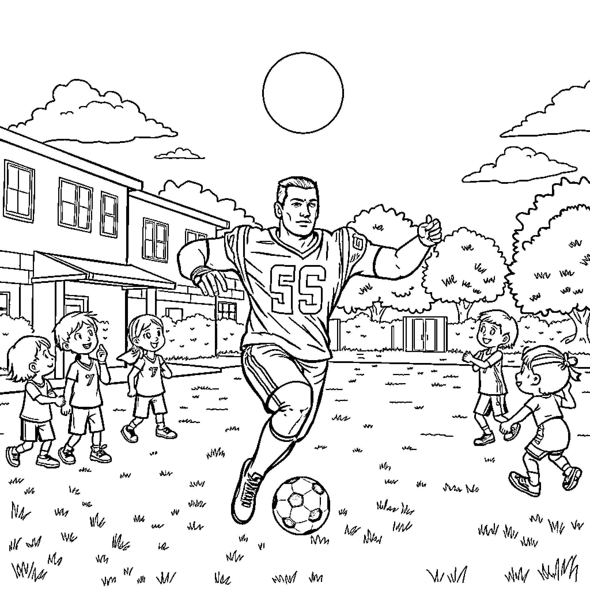 John Cena playing soccer with children on the school grounds Coloring Page (free black-and-white line drawing printable PDF for all, from beginners to advanced learners, including children, teens, adults, and seniors)