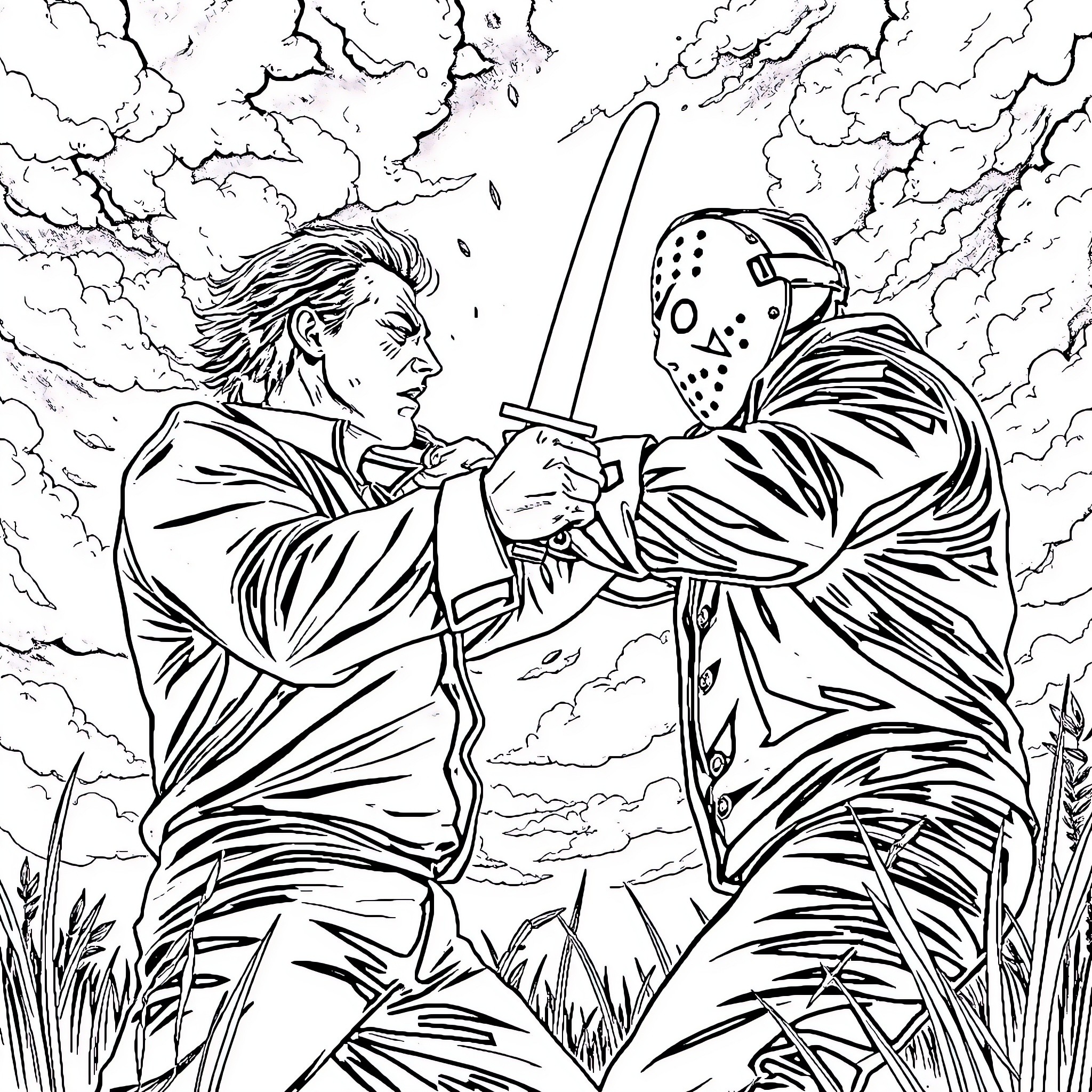 Michael Myers Confronts a Formidable Foe in the Wilderness Coloring Page (free black-and-white line drawing printable PDF for all, from beginners to advanced learners, including children, teens, adults, and seniors)