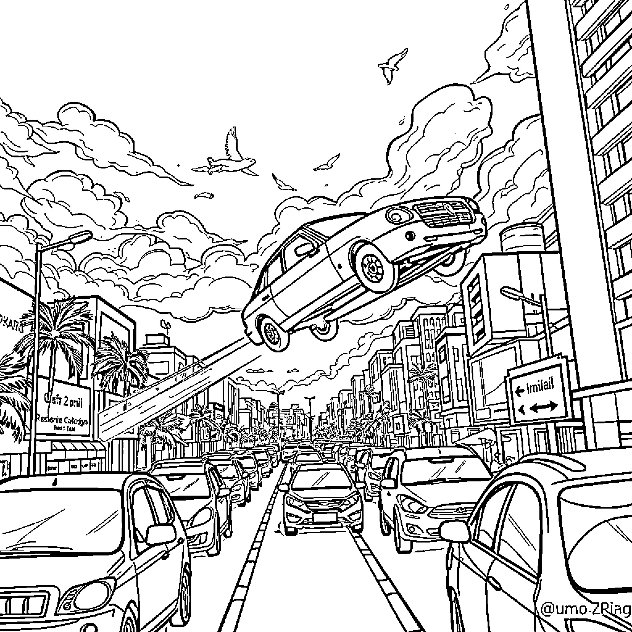 Flying Car in Bustling City Street Scene Coloring Page (free black-and-white line drawing printable PDF for all, from beginners to advanced learners, including children, teens, adults, and seniors)