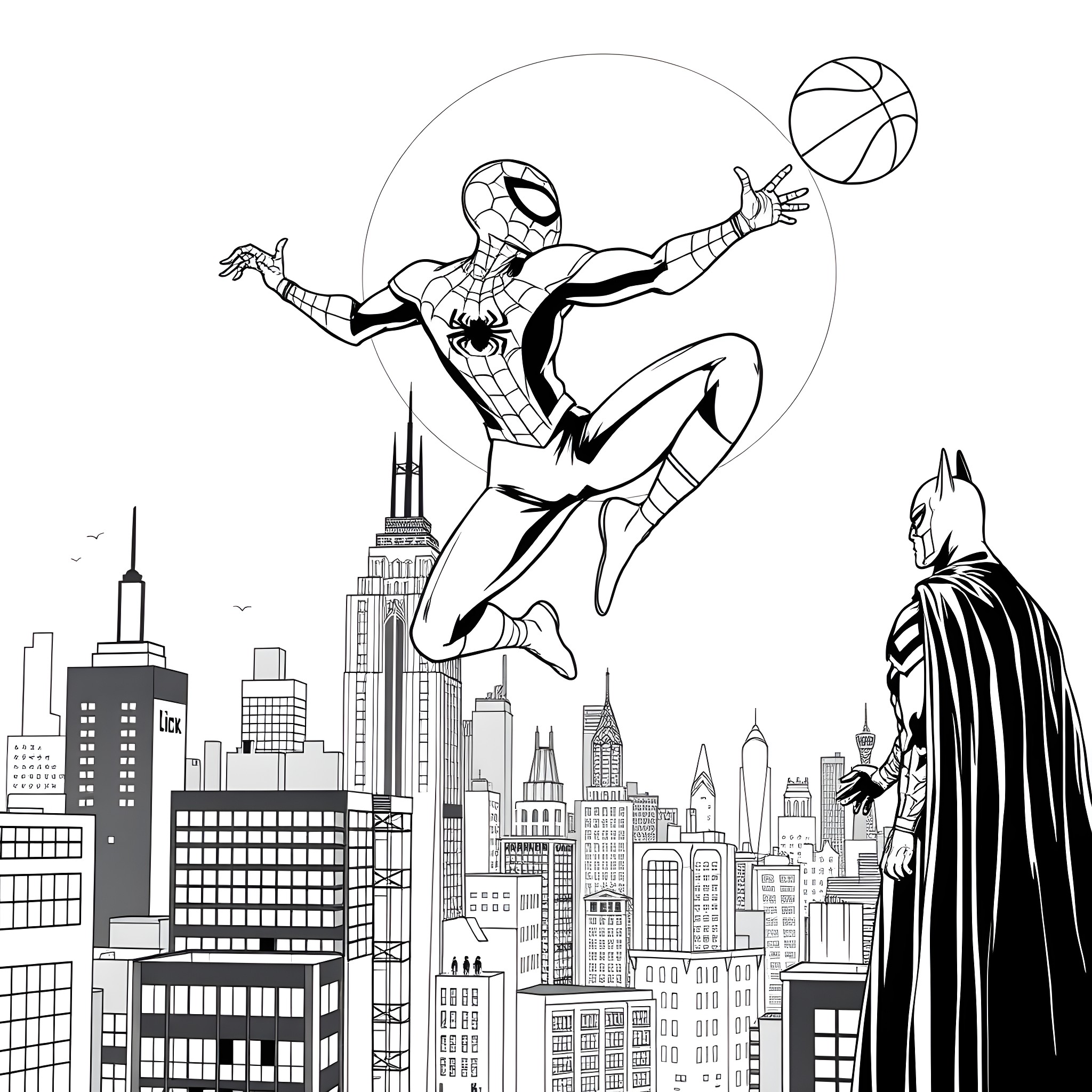 Spiderman swinging and playing with basketball in the city Coloring Page (free black-and-white line drawing printable PDF for all, from beginners to advanced learners, including children, teens, adults, and seniors)
