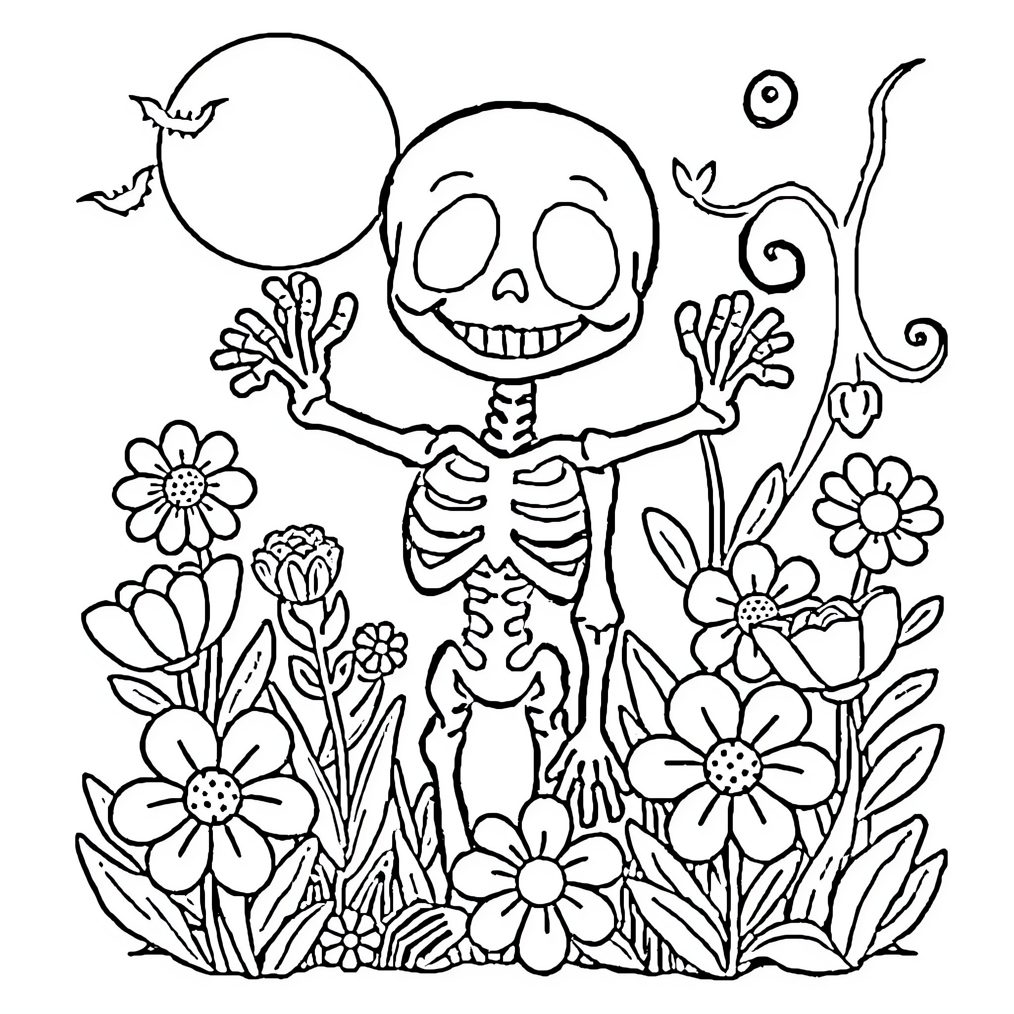 Halloween Skeleton Celebrating in a Flower Garden Coloring Page (free black-and-white line drawing printable PDF for all, from beginners to advanced learners, including children, teens, adults, and seniors)