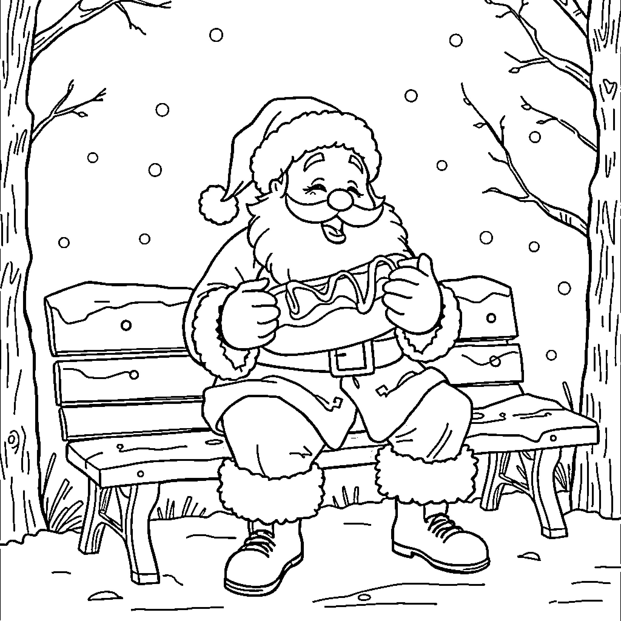 Santa enjoying a snowy day on a park bench Coloring Page (free black-and-white line drawing printable PDF for all, from beginners to advanced learners, including children, teens, adults, and seniors)