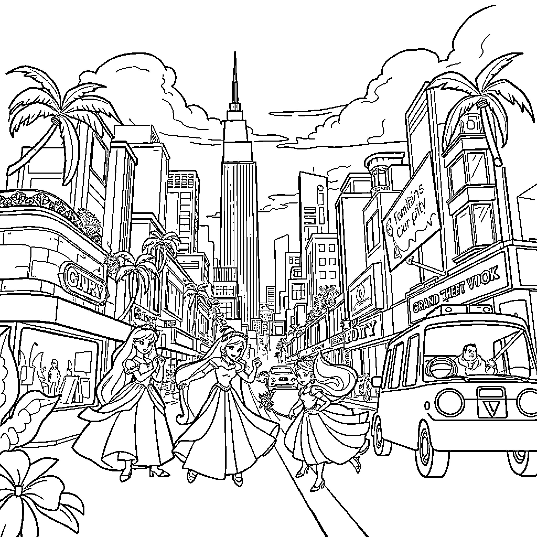 Disney Princess Adventures in the City Coloring Page (free black-and-white line drawing printable PDF for all, from beginners to advanced learners, including children, teens, adults, and seniors)