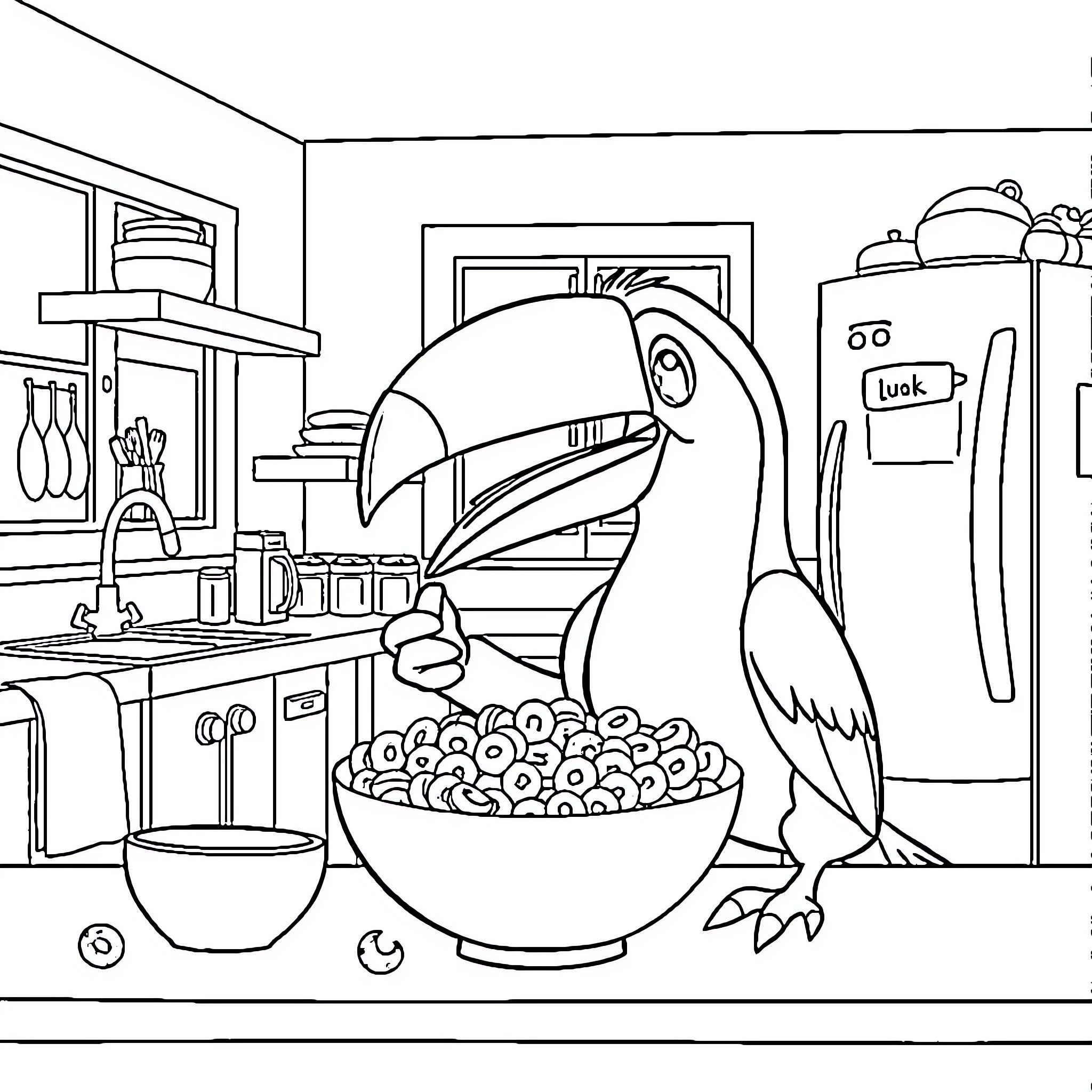 Toucan cooking in the kitchen Coloring Page (free black-and-white line drawing printable PDF for all, from beginners to advanced learners, including children, teens, adults, and seniors)
