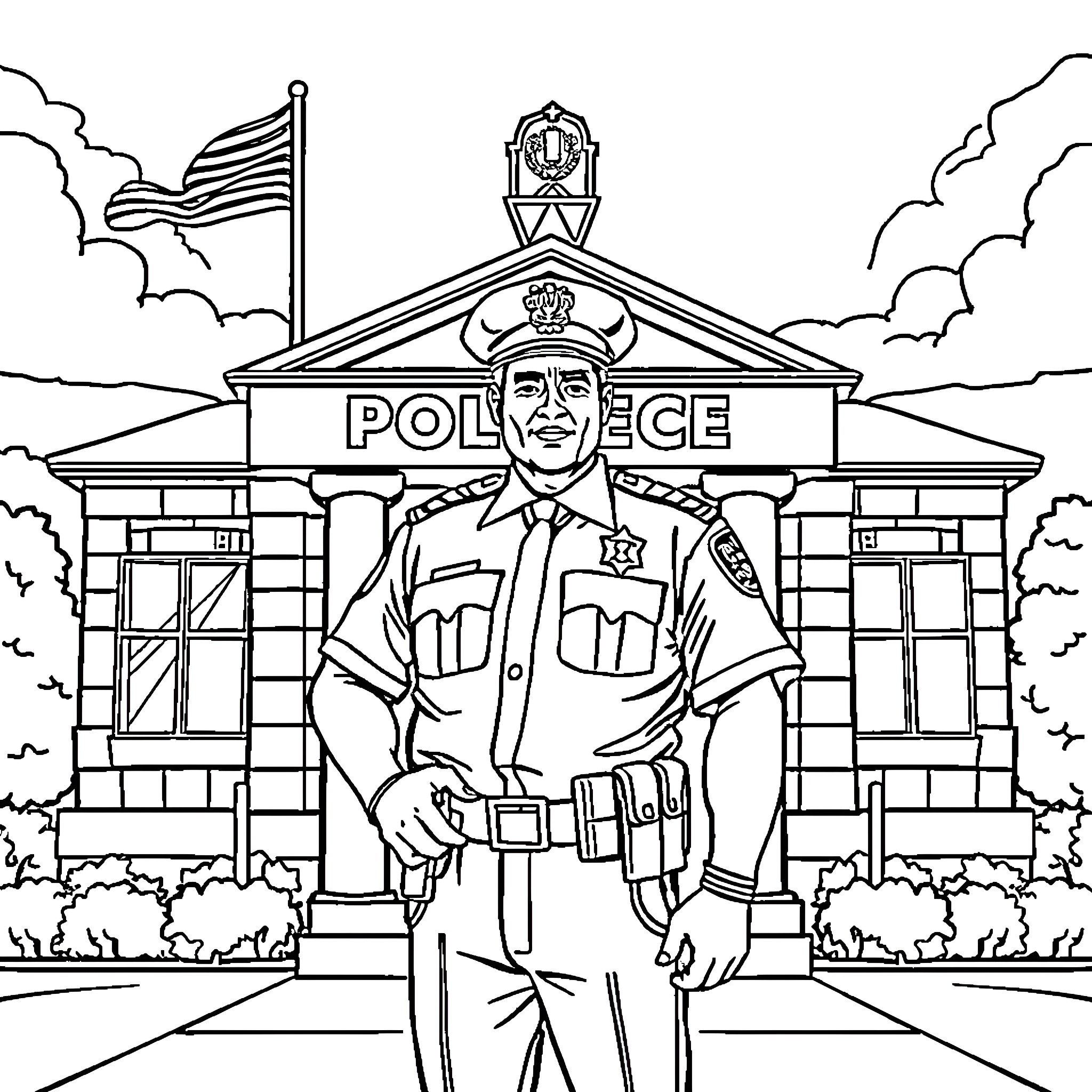 Police Chief Stands Guard Outside Station Coloring Page (free black-and-white line drawing printable PDF for all, from beginners to advanced learners, including children, teens, adults, and seniors)