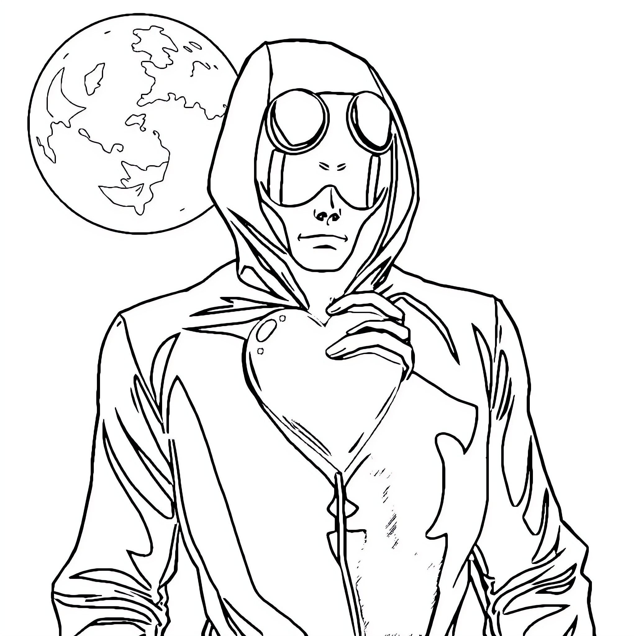 Switch to Mysterious Hooded Figure Gazing at Earth Coloring Page (free black-and-white line drawing printable PDF for all, from beginners to advanced learners, including children, teens, adults, and seniors)