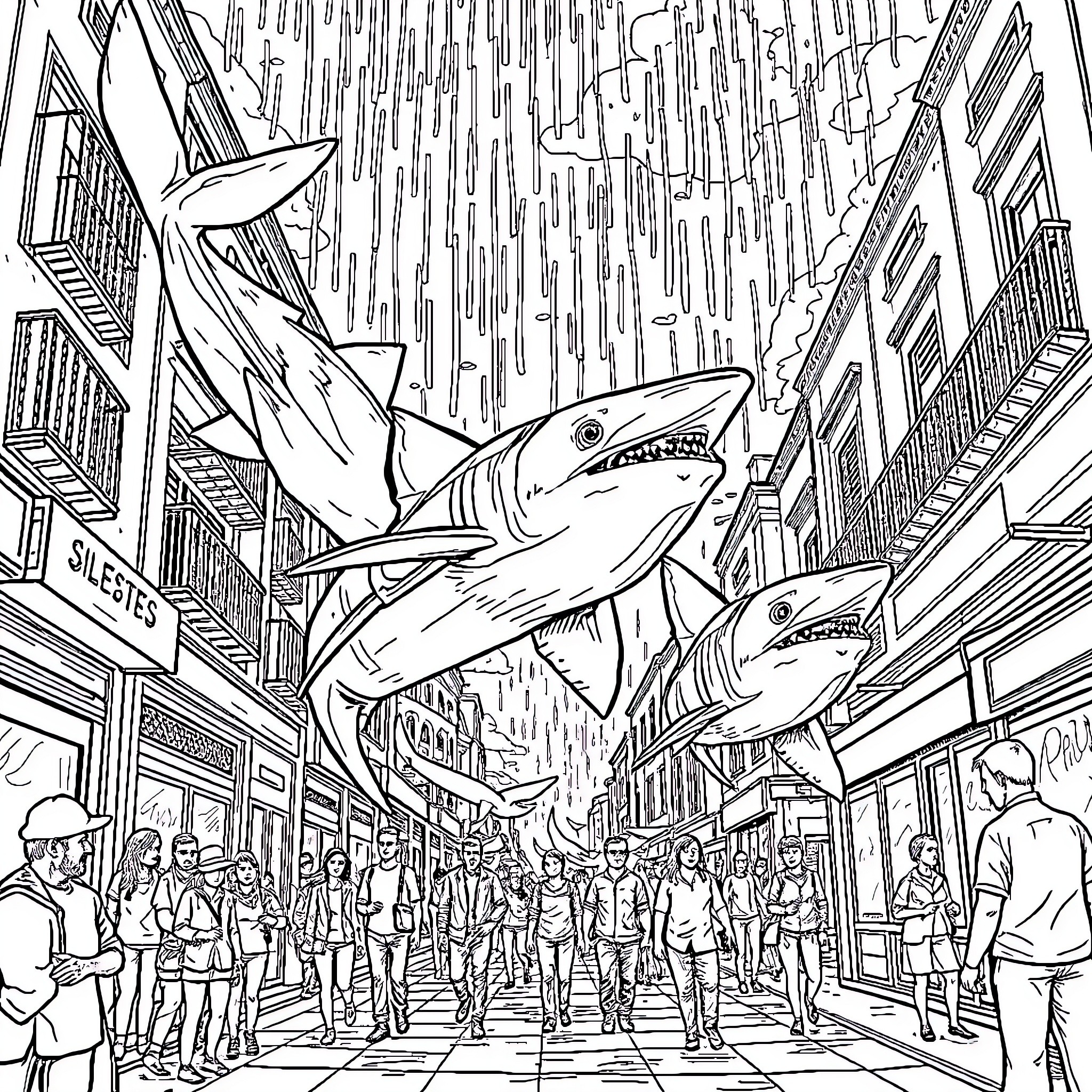 Shark attack in the bustling city streets Coloring Page (free black-and-white line drawing printable PDF for all, from beginners to advanced learners, including children, teens, adults, and seniors)