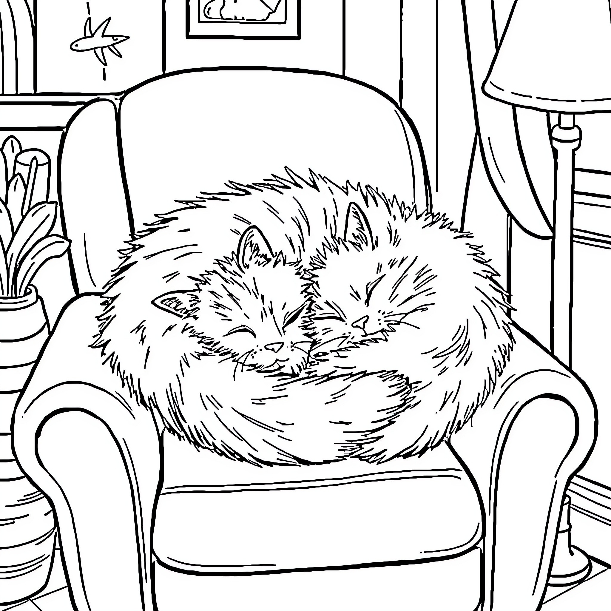 Cat resting peacefully in an armchair Coloring Page (free black-and-white line drawing printable PDF for all, from beginners to advanced learners, including children, teens, adults, and seniors)
