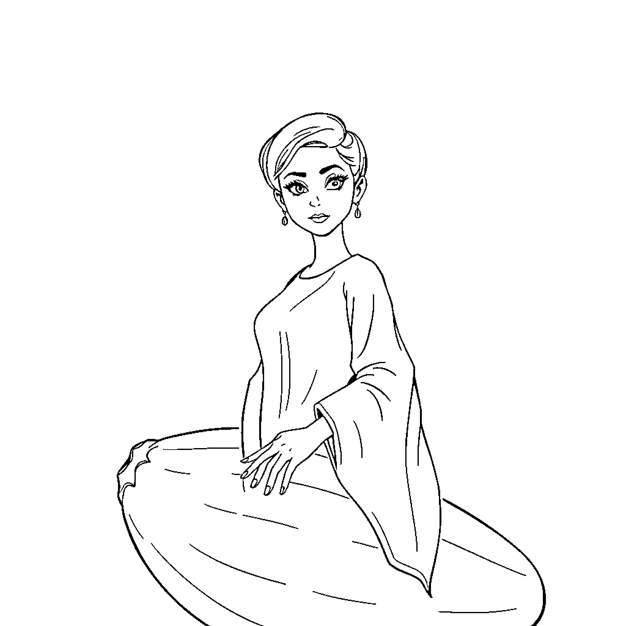 Femme Elegantly Seated in Flowing Dress Coloring Page (free black-and-white line drawing printable PDF for all, from beginners to advanced learners, including children, teens, adults, and seniors)