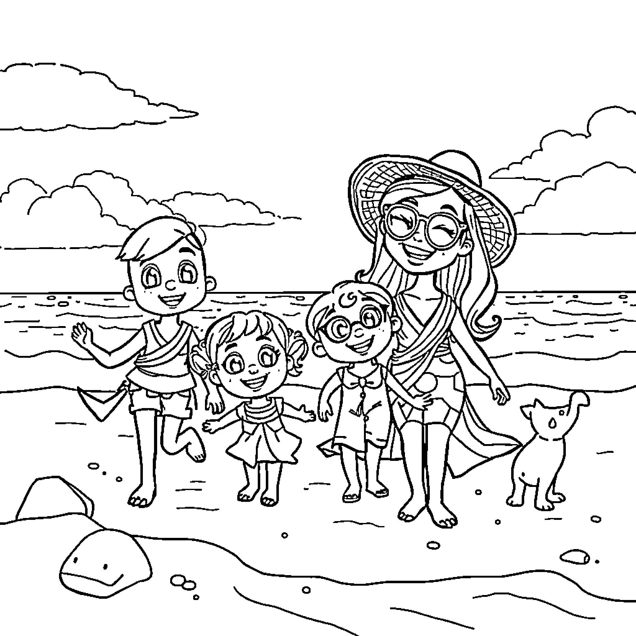 Bluey's family enjoying a day at the beach Coloring Page (free black-and-white line drawing printable PDF for all, from beginners to advanced learners, including children, teens, adults, and seniors)