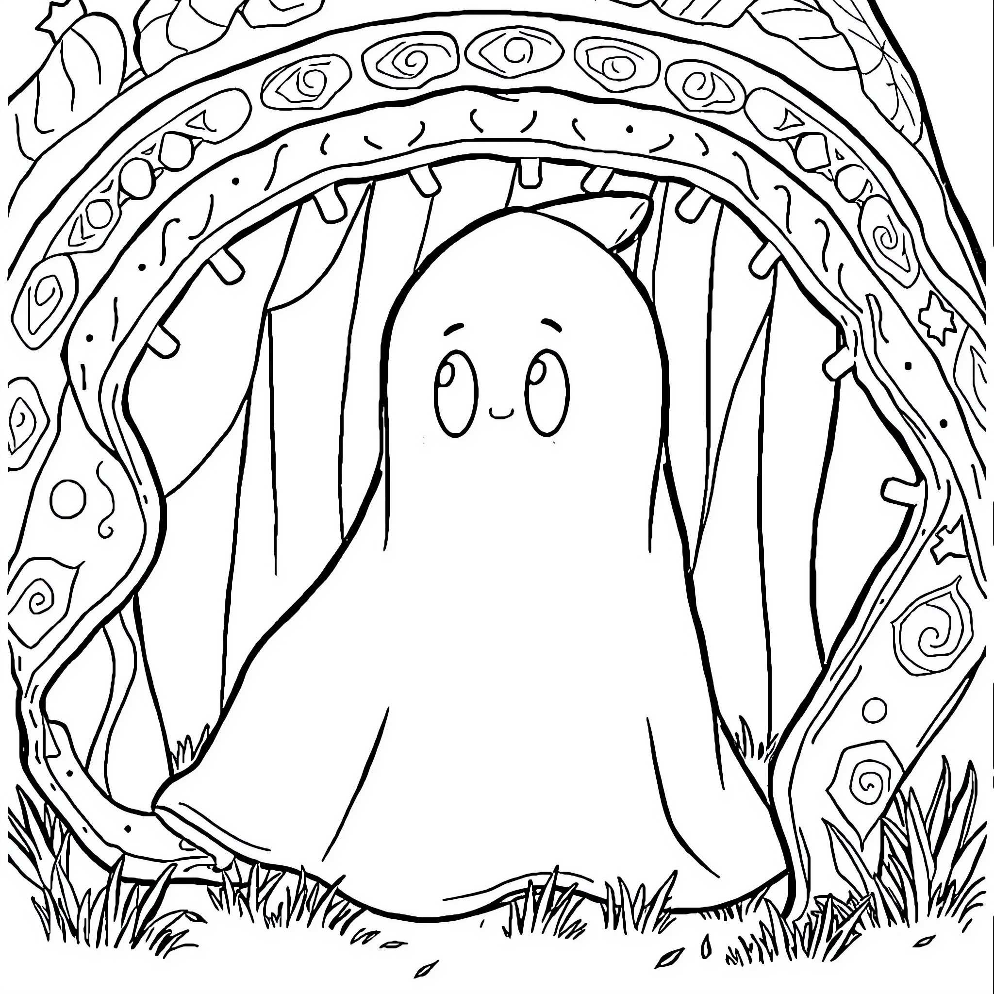 Ghost hiding in the enchanted forest Coloring Page (free black-and-white line drawing printable PDF for all, from beginners to advanced learners, including children, teens, adults, and seniors)
