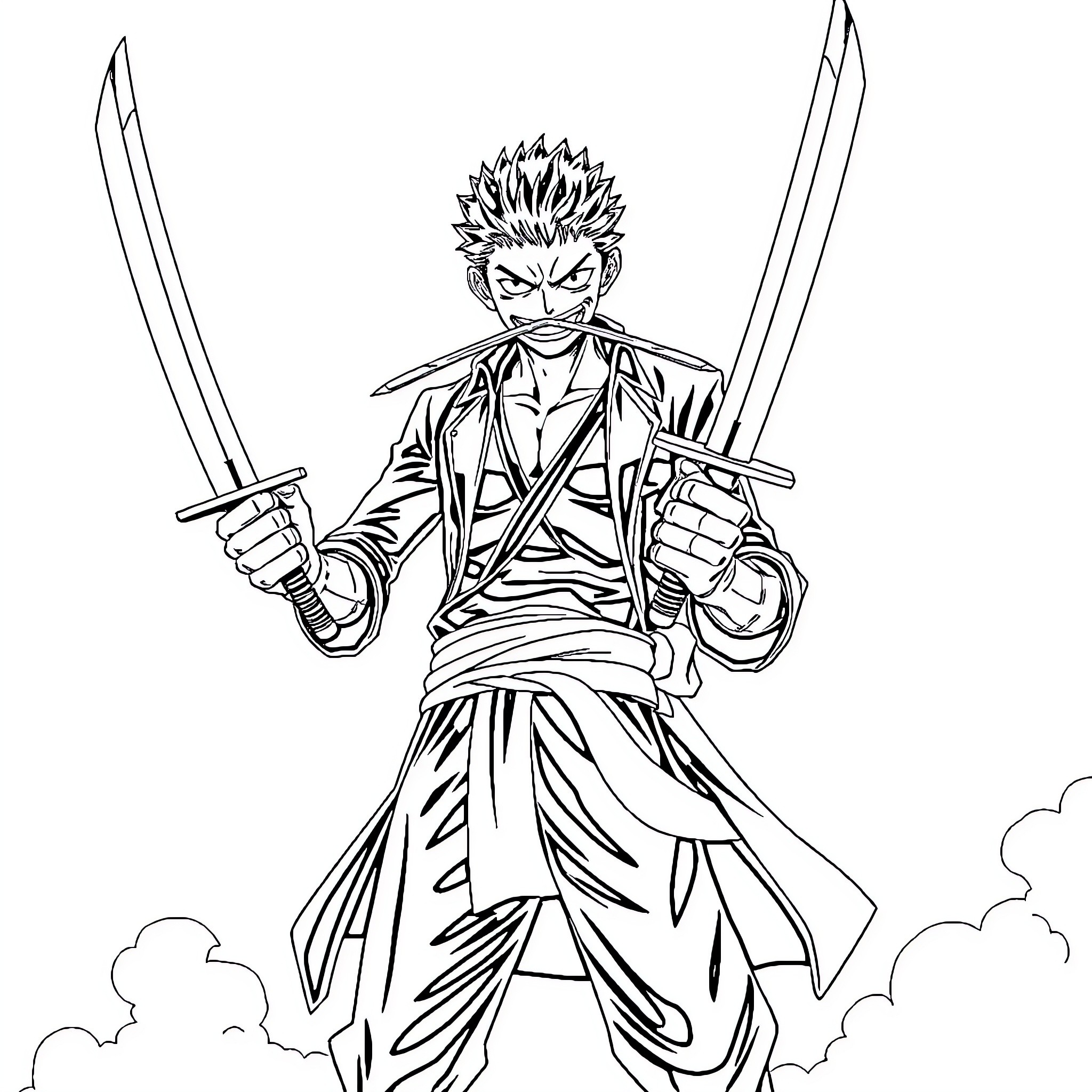 Roronoa Zoro, the fierce swordsman in action Coloring Page (free black-and-white line drawing printable PDF for all, from beginners to advanced learners, including children, teens, adults, and seniors)