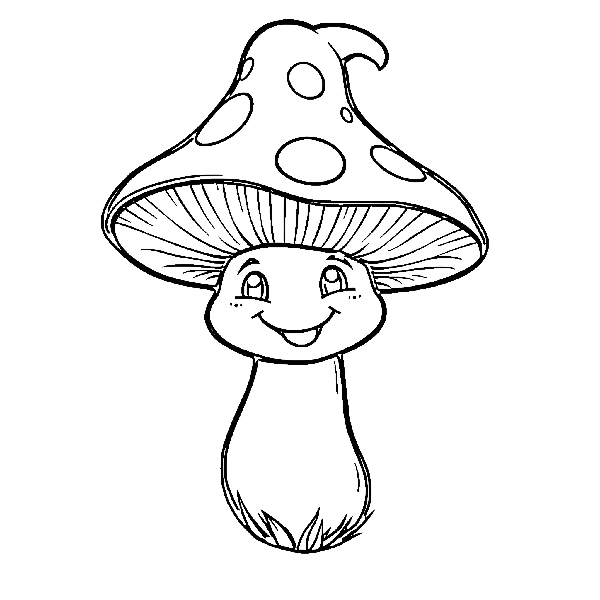 Mushroom with a happy expression Coloring Page (free black-and-white line drawing printable PDF for all, from beginners to advanced learners, including children, teens, adults, and seniors)