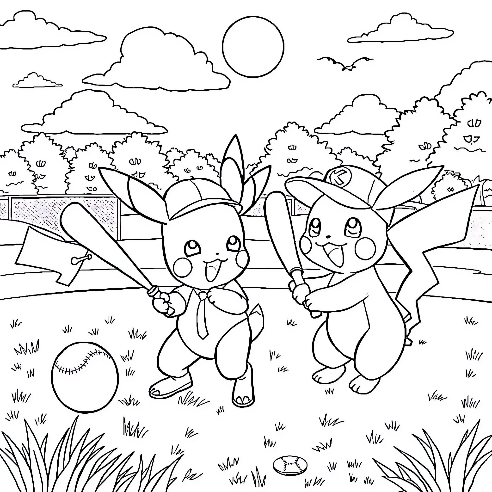 Pokémon friends playing joyfully in the nature Coloring Page (free black-and-white line drawing printable PDF for all, from beginners to advanced learners, including children, teens, adults, and seniors)