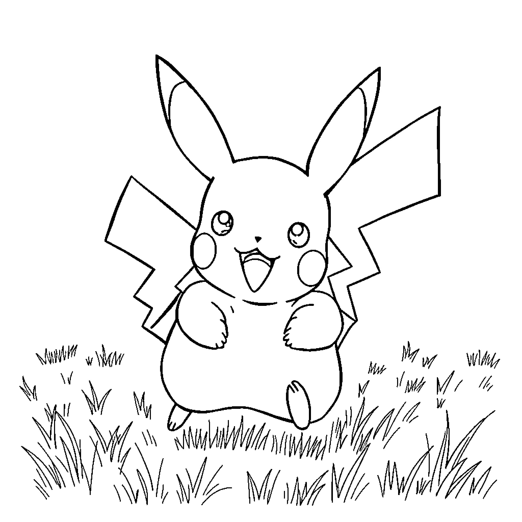 Pikachu happily playing in the field Coloring Page (free black-and-white line drawing printable PDF for all, from beginners to advanced learners, including children, teens, adults, and seniors)