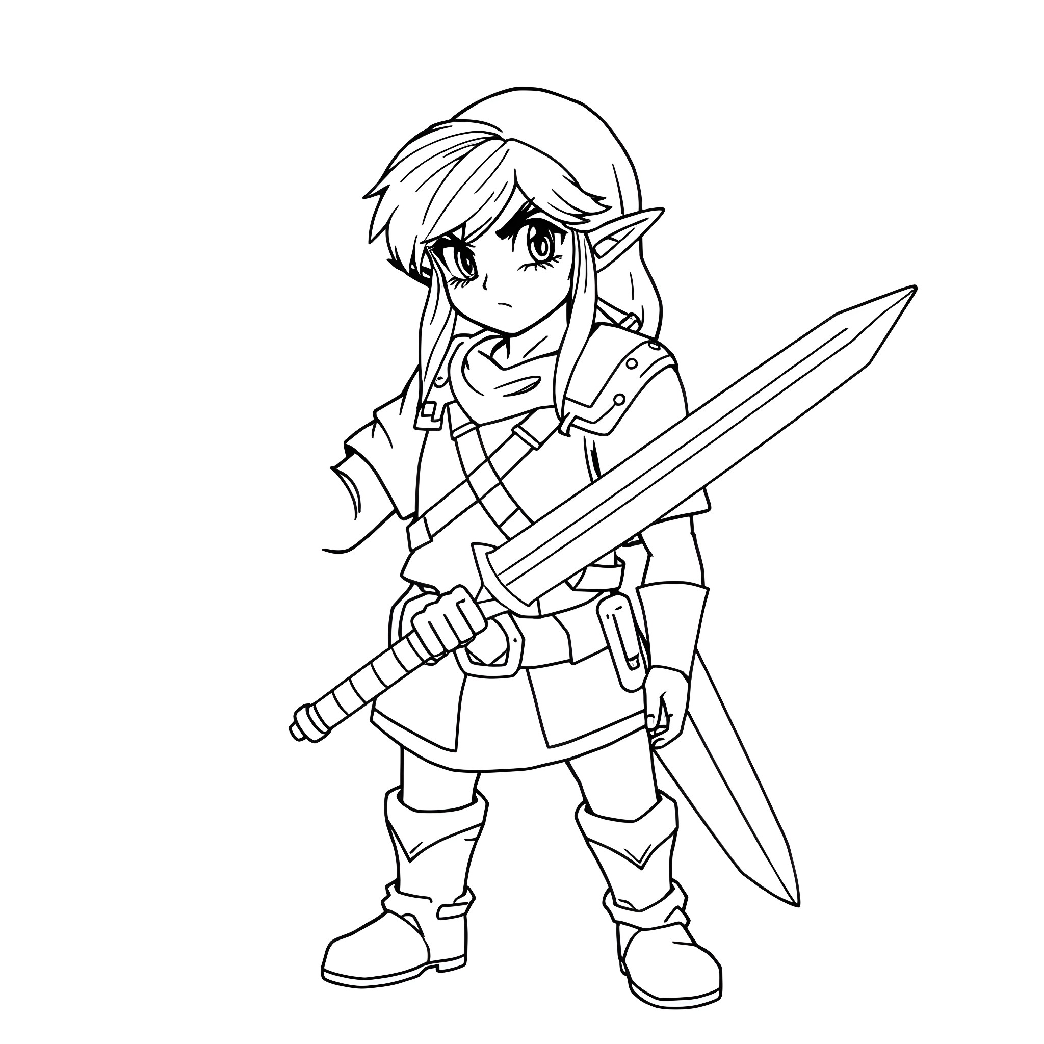 Link wielding sword in combat stance Coloring Page (free black-and-white line drawing printable PDF for all, from beginners to advanced learners, including children, teens, adults, and seniors)