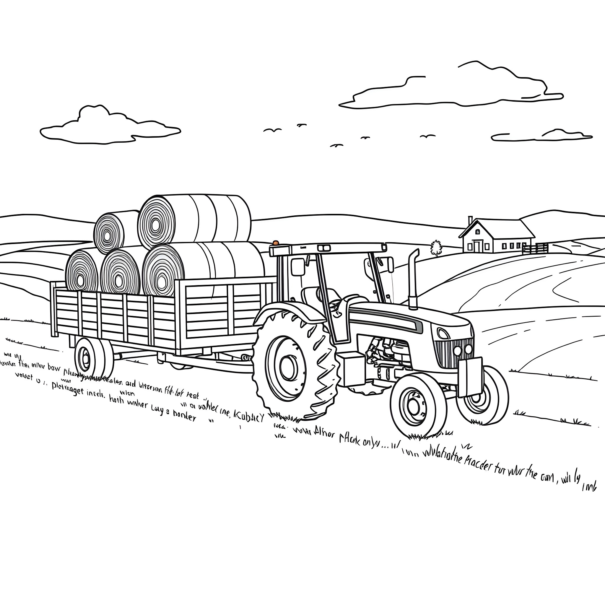Bale Pickup on the Rural Farmland Coloring Page (free black-and-white line drawing printable PDF for all, from beginners to advanced learners, including children, teens, adults, and seniors)