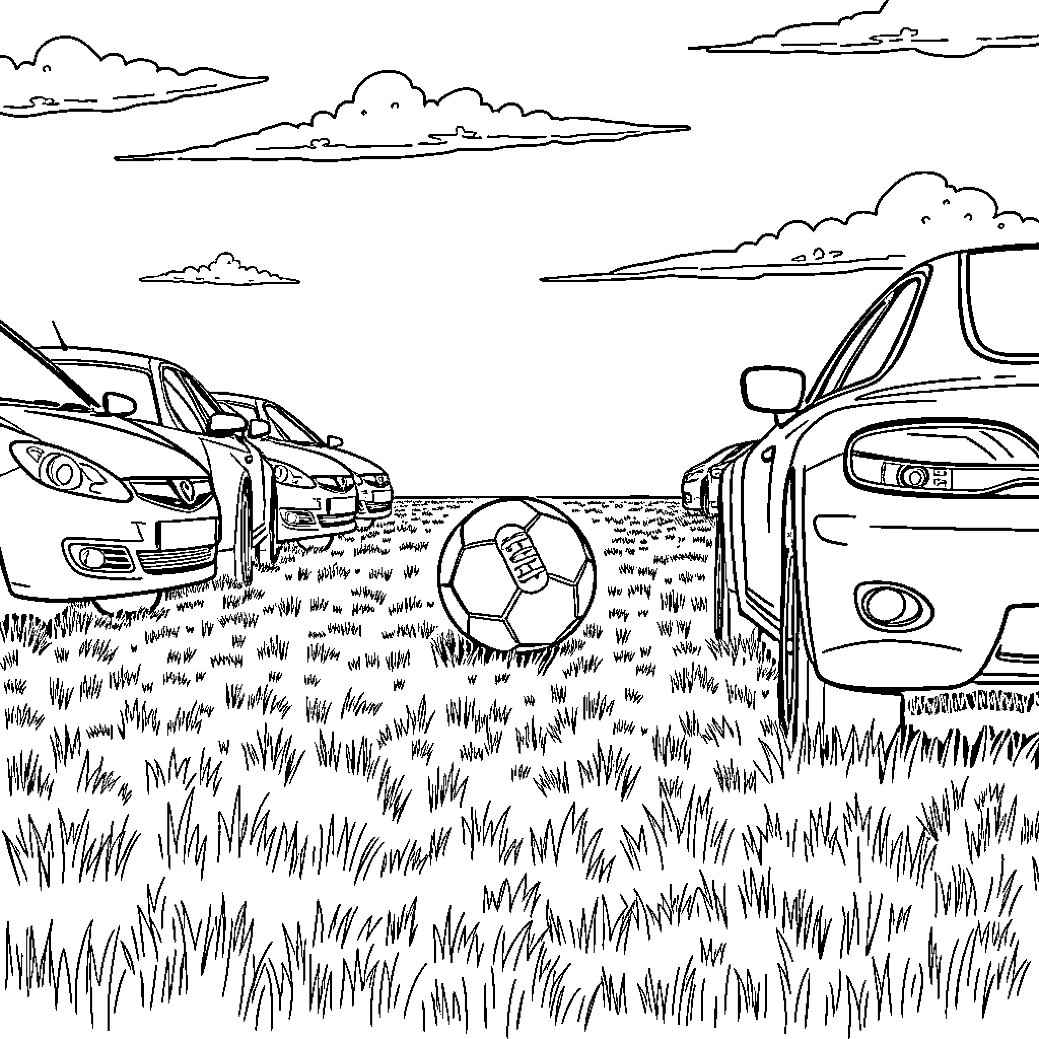 Car parked in grassy field with soccer ball Coloring Page (free black-and-white line drawing printable PDF for all, from beginners to advanced learners, including children, teens, adults, and seniors)