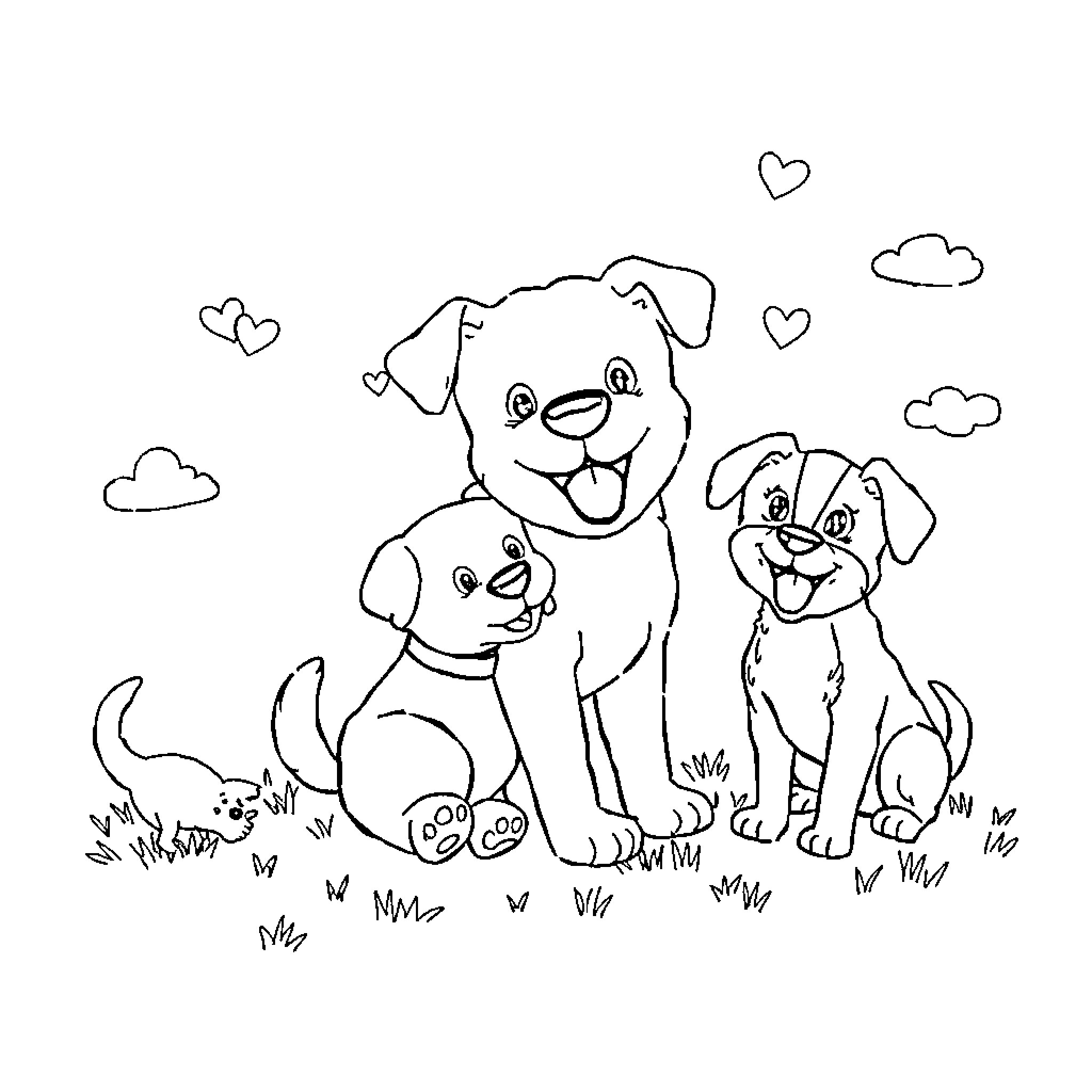 Dogs playing happily in the park Coloring Page (free black-and-white line drawing printable PDF for all, from beginners to advanced learners, including children, teens, adults, and seniors)