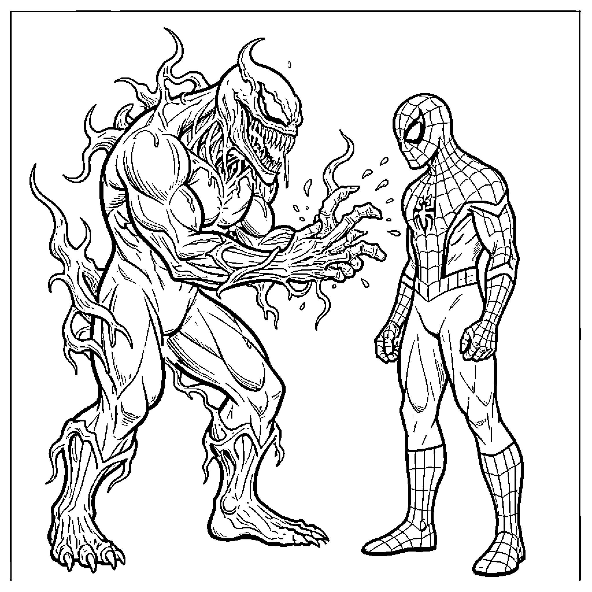 Venom lunging aggressively towards Spider-Man in battle Coloring Page (free black-and-white line drawing printable PDF for all, from beginners to advanced learners, including children, teens, adults, and seniors)