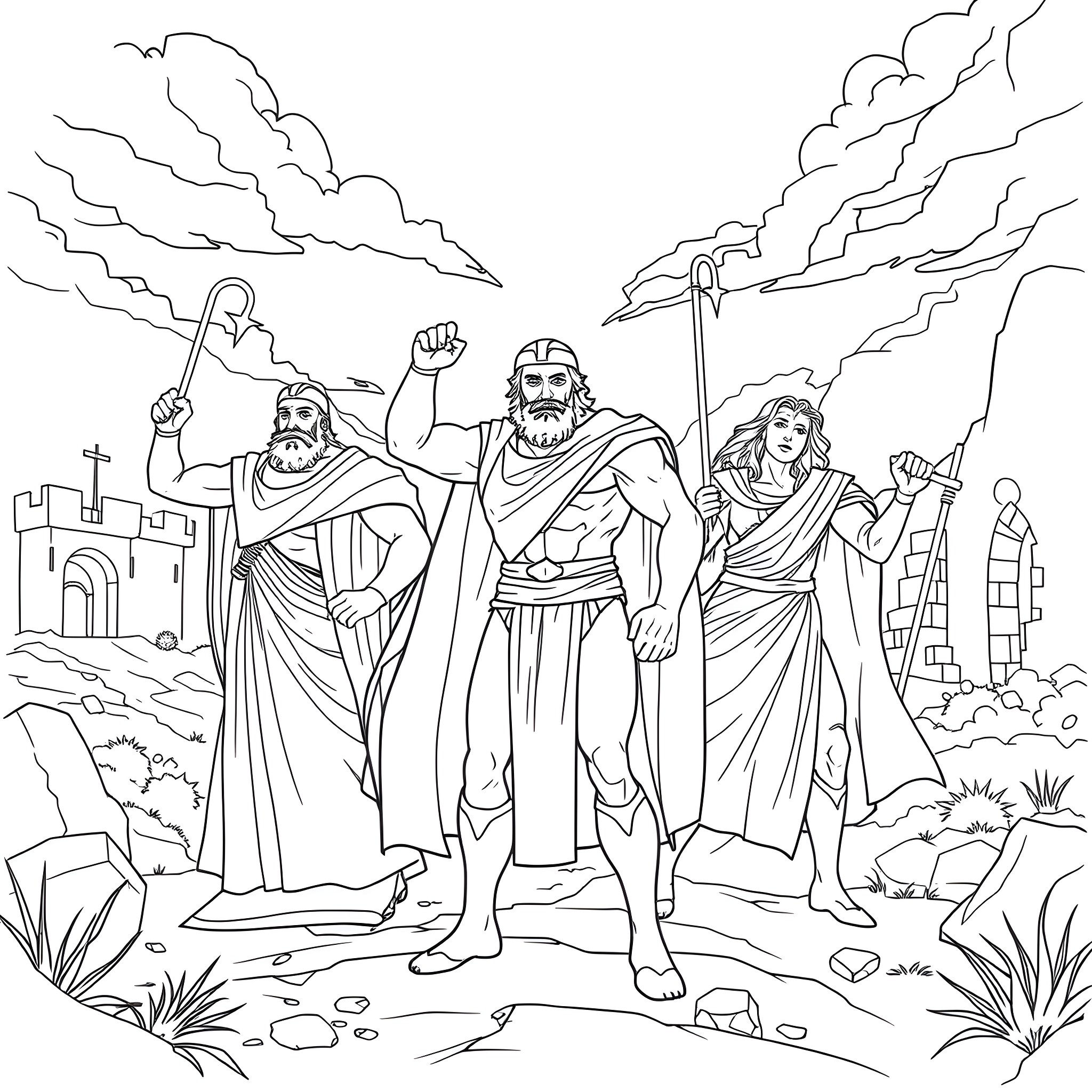 Bible Characters in an Outdoor Scene Coloring Page (free black-and-white line drawing printable PDF for all, from beginners to advanced learners, including children, teens, adults, and seniors)