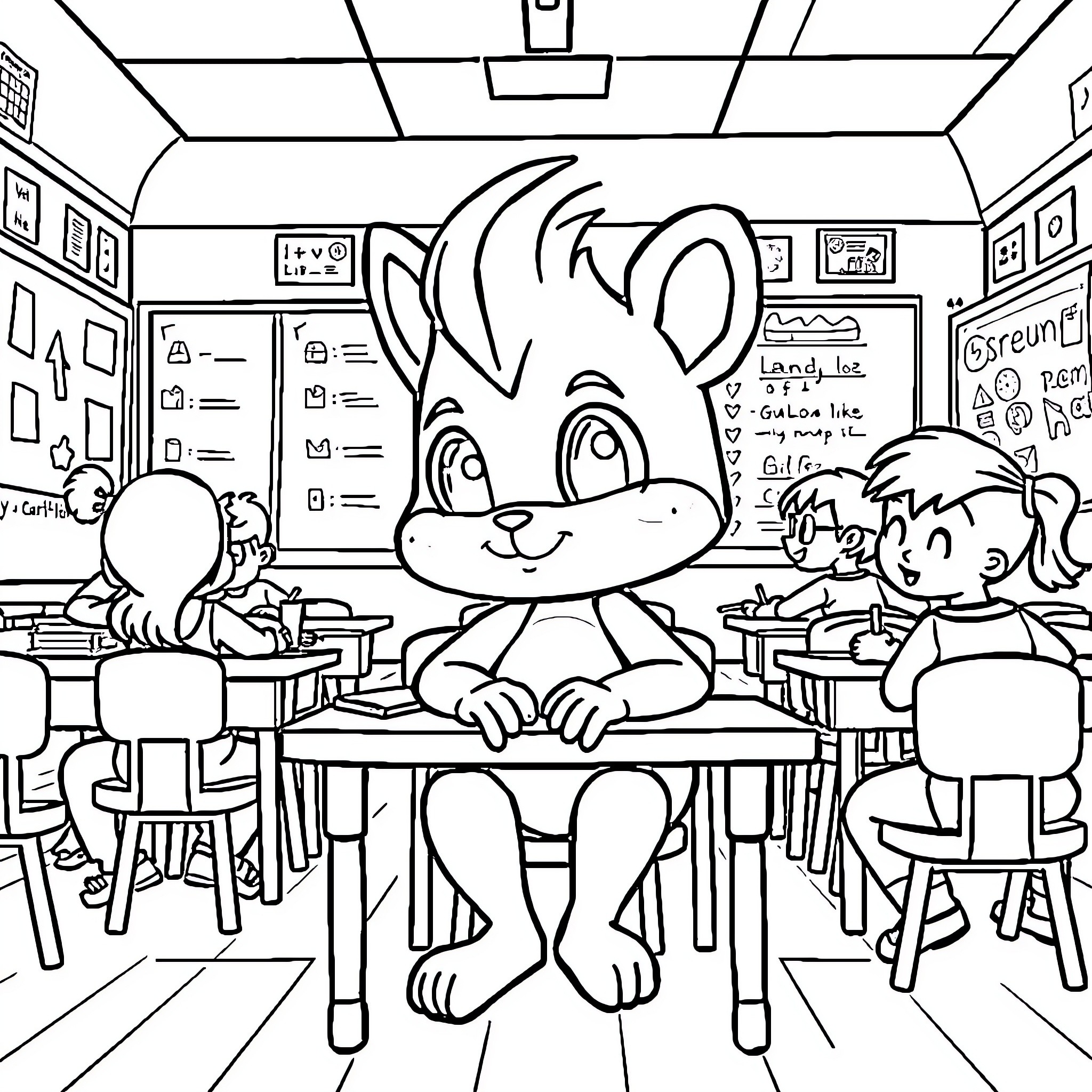 Sprunki playing in the classroom Coloring Page (free black-and-white line drawing printable PDF for all, from beginners to advanced learners, including children, teens, adults, and seniors)