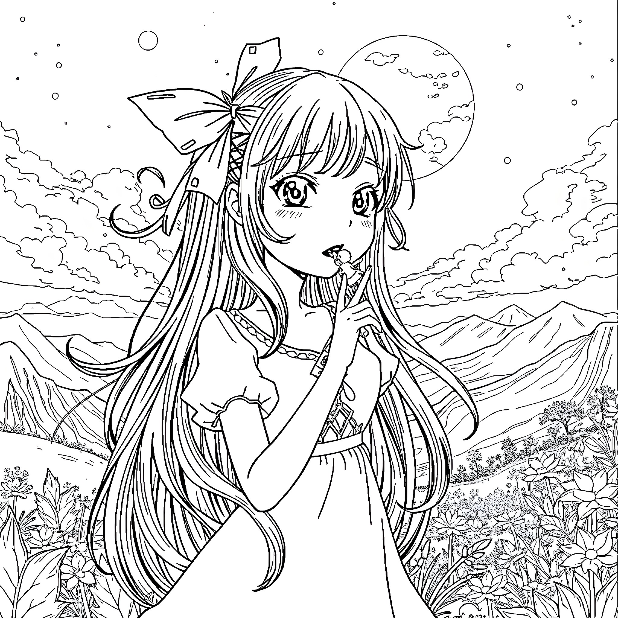 Giantess Gazing upon Enchanting Landscape Coloring Page (free black-and-white line drawing printable PDF for all, from beginners to advanced learners, including children, teens, adults, and seniors)