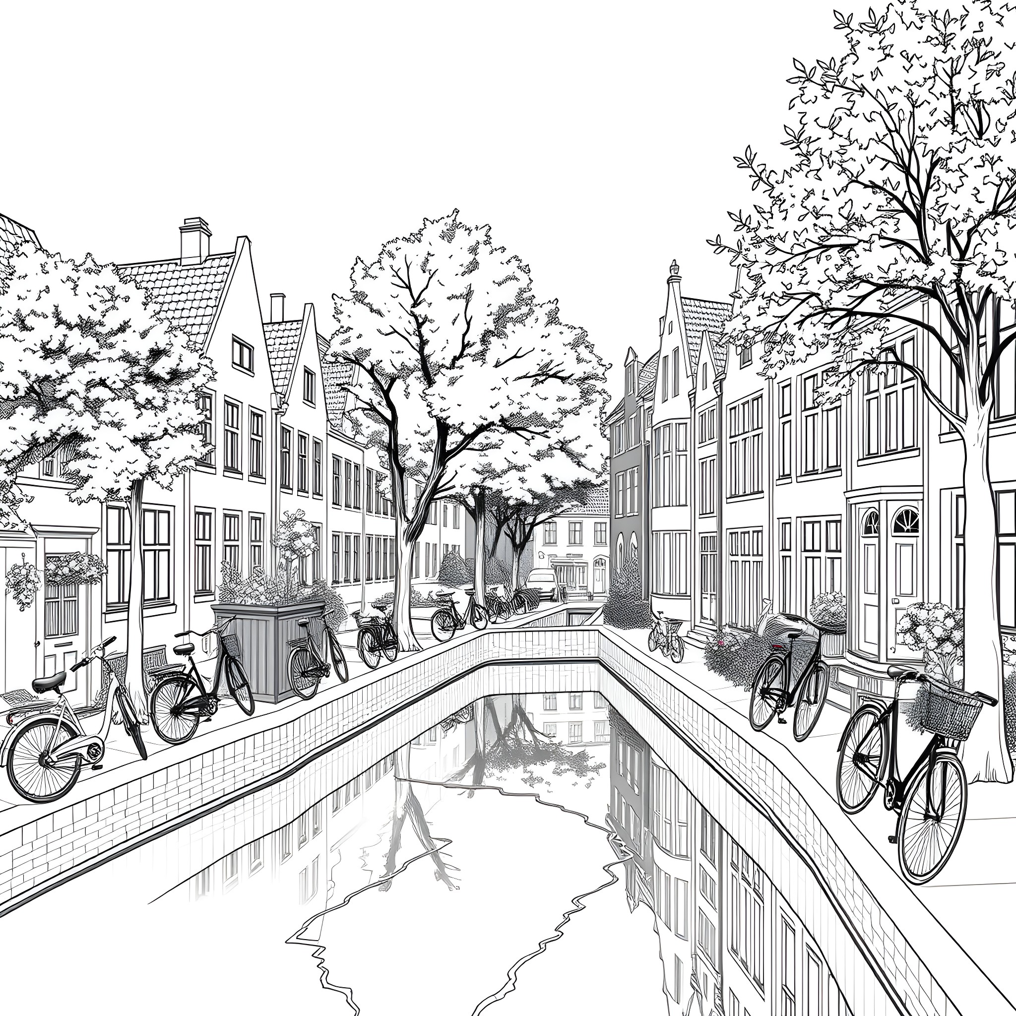 House on a tranquil canal with bicycles and trees Coloring Page (free black-and-white line drawing printable PDF for all, from beginners to advanced learners, including children, teens, adults, and seniors)