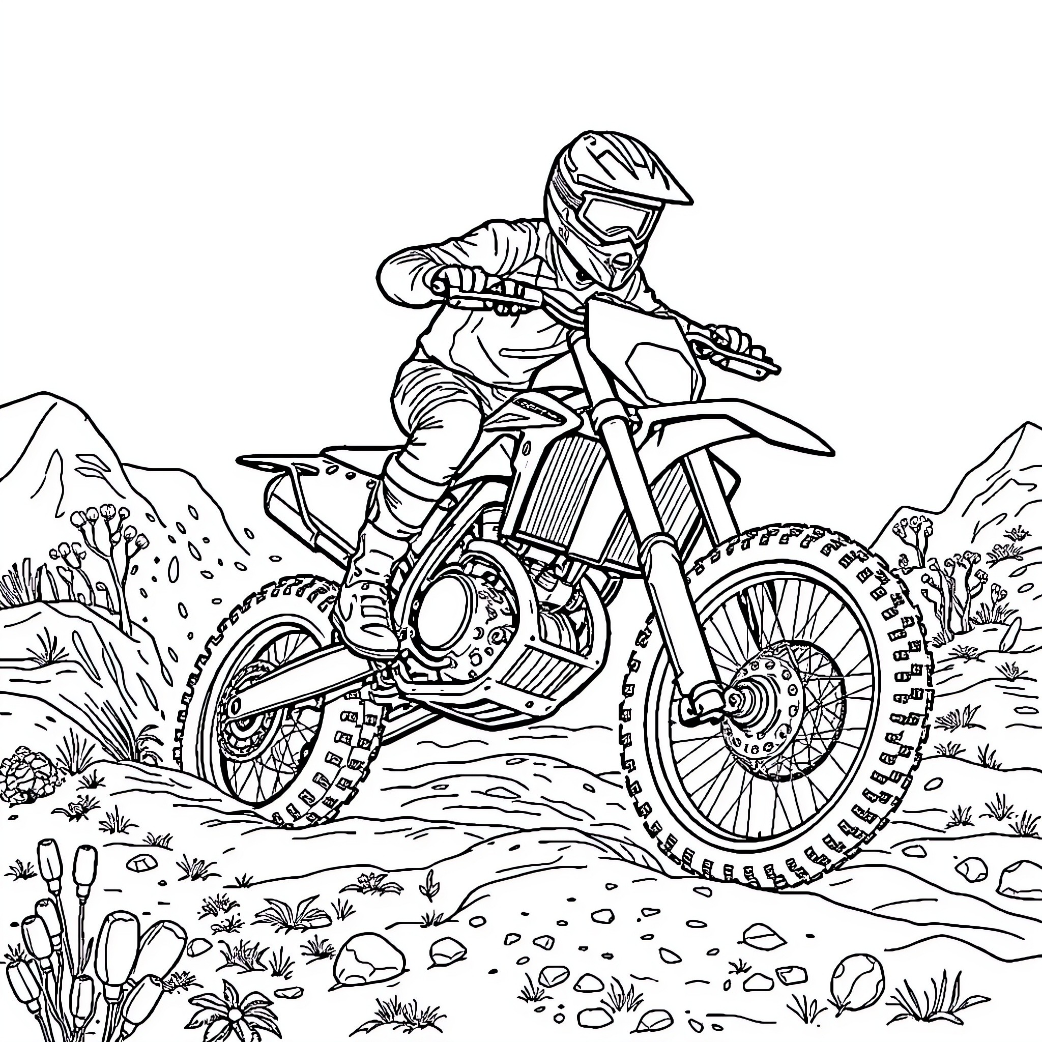 Moto Rider Navigating Rugged Terrain Coloring Page (free black-and-white line drawing printable PDF for all, from beginners to advanced learners, including children, teens, adults, and seniors)