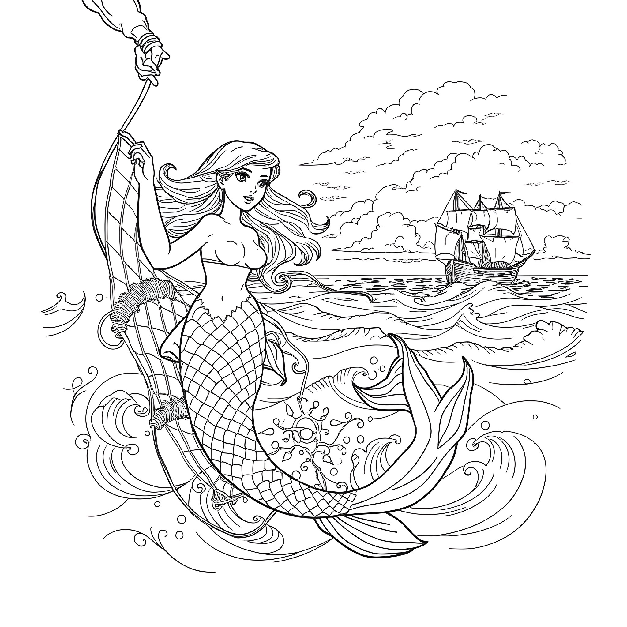 Mermaid Enchantress Beckons Sailboat on Tempestuous Seas Coloring Page (free black-and-white line drawing printable PDF for all, from beginners to advanced learners, including children, teens, adults, and seniors)