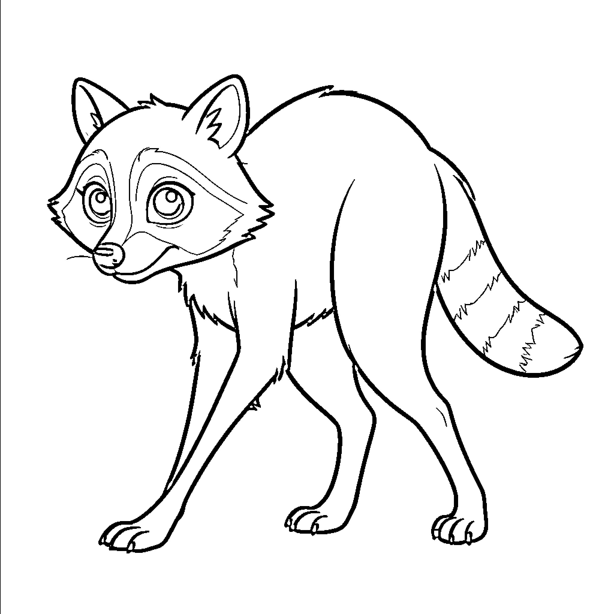 Raccoon walking with a curious expression Coloring Page (free black-and-white line drawing printable PDF for all, from beginners to advanced learners, including children, teens, adults, and seniors)