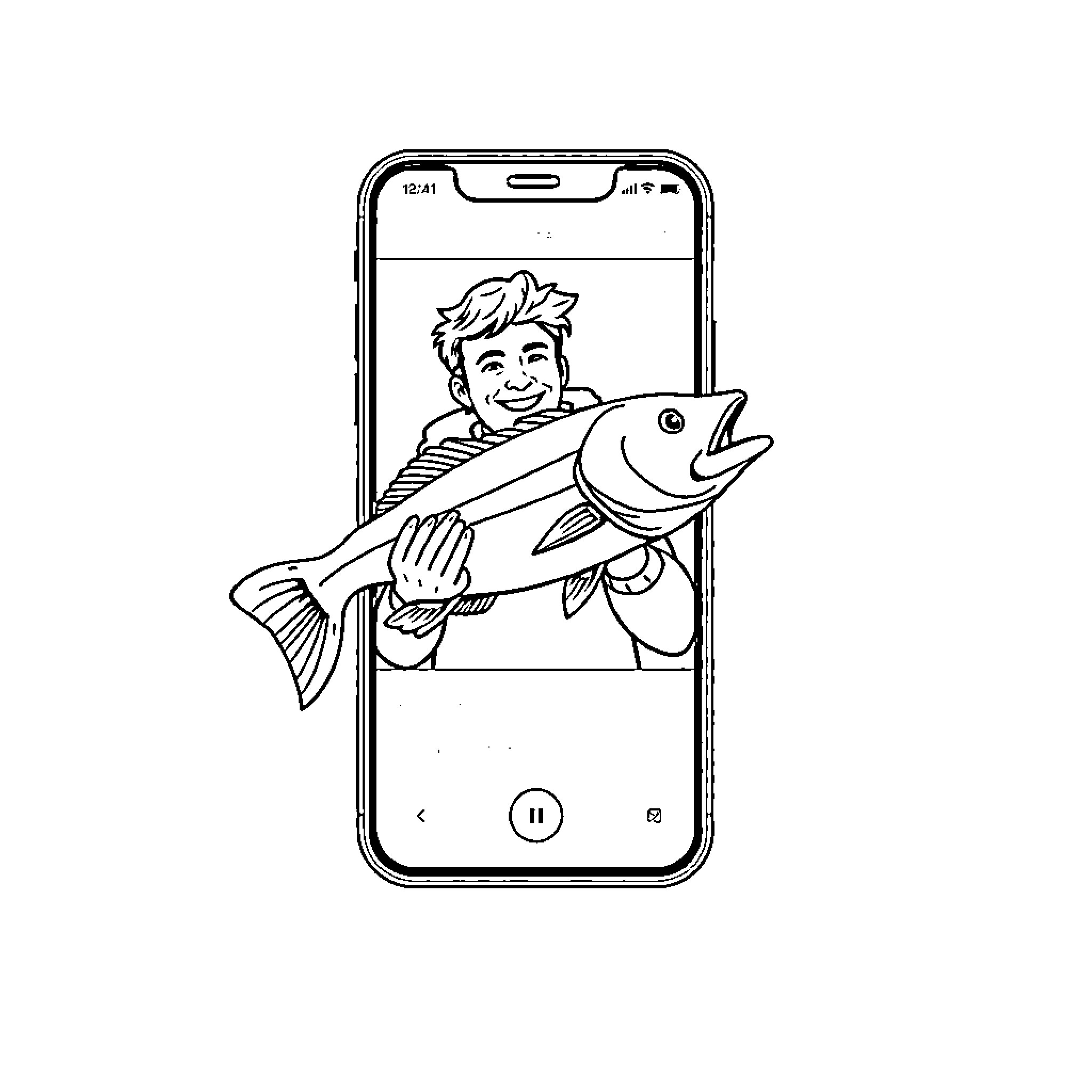 Mobile Phone Fishing Adventure Coloring Page (free black-and-white line drawing printable PDF for all, from beginners to advanced learners, including children, teens, adults, and seniors)