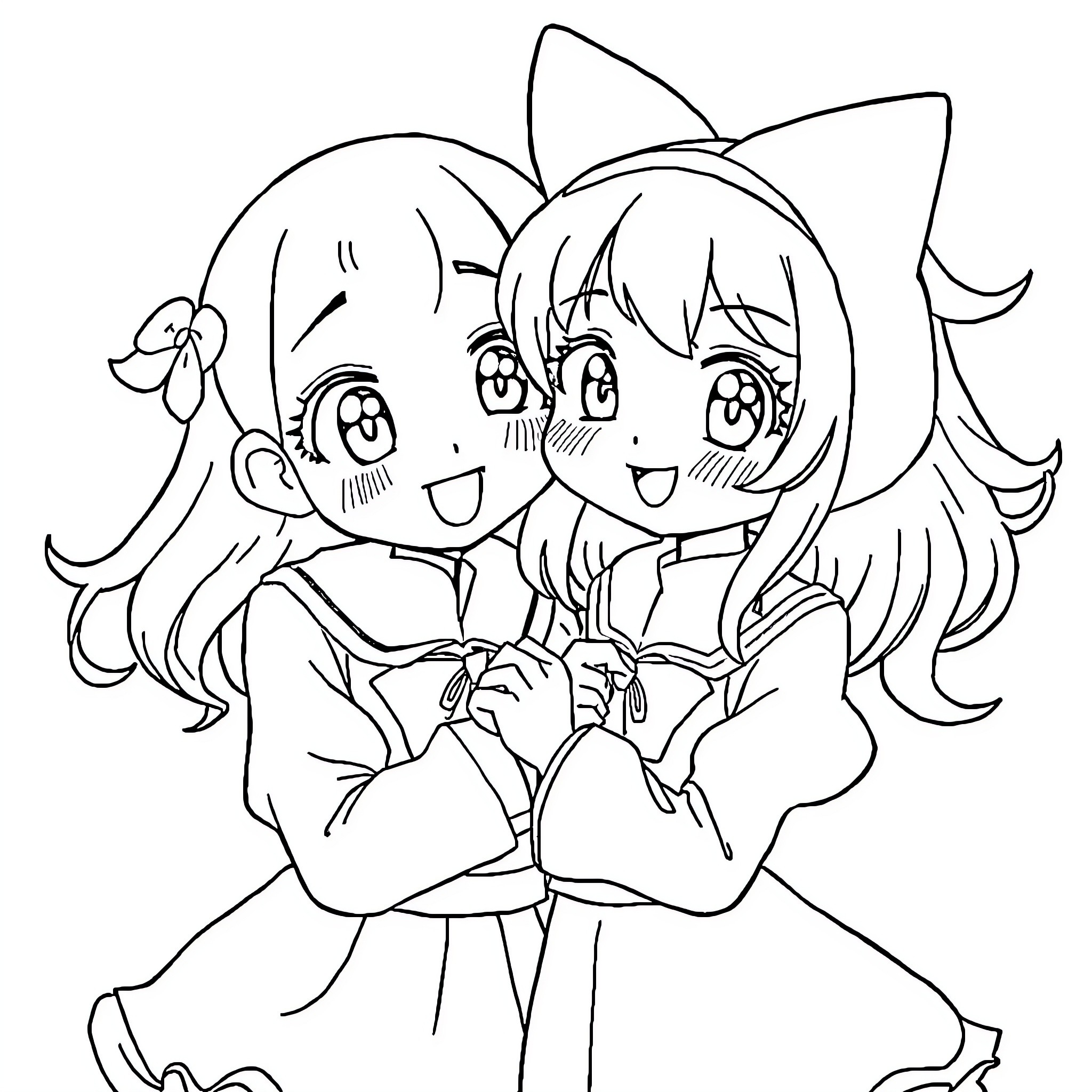 Kuromi and friend sharing a joyful moment Coloring Page (free black-and-white line drawing printable PDF for all, from beginners to advanced learners, including children, teens, adults, and seniors)