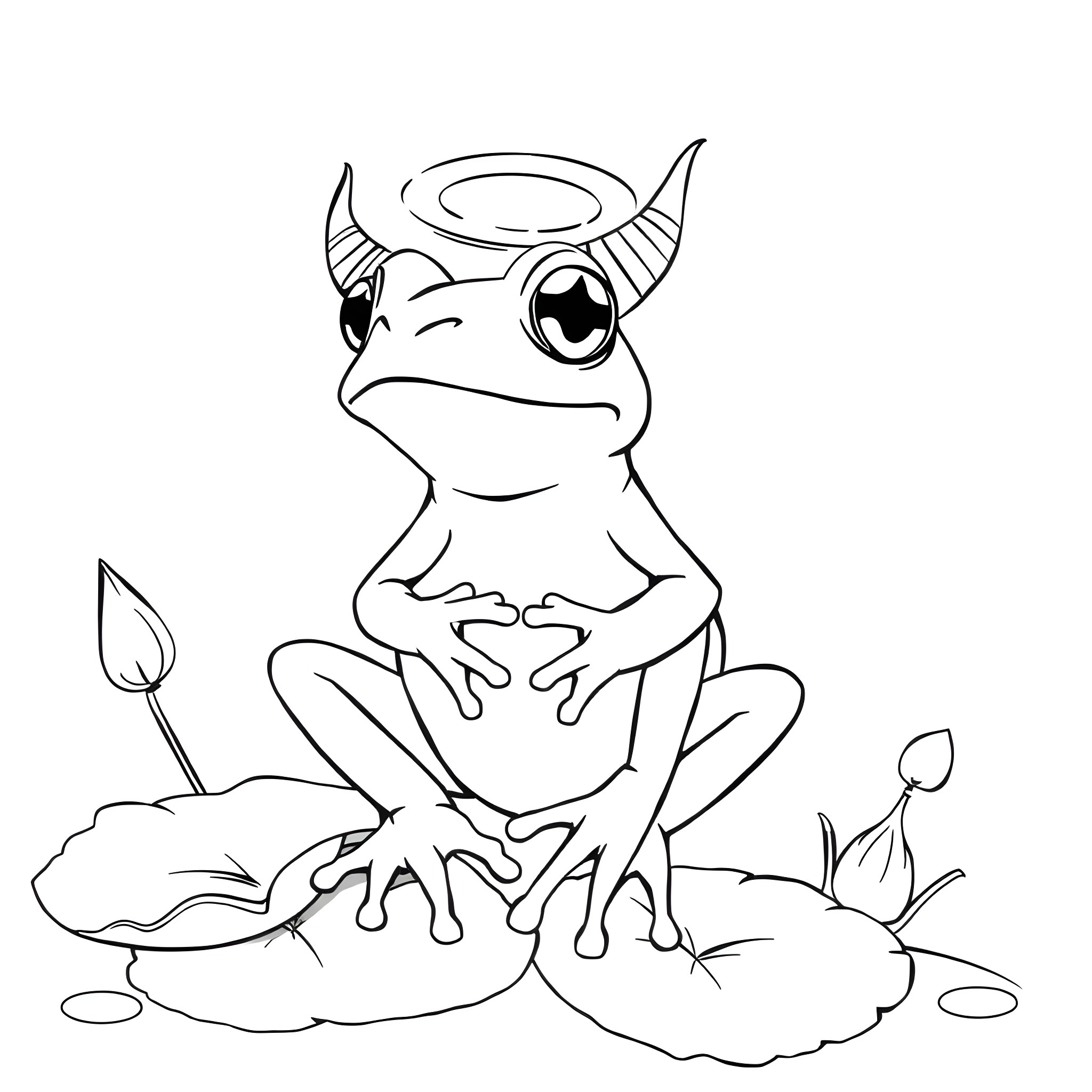 Frog sitting on lily pads in the pond Coloring Page (free black-and-white line drawing printable PDF for all, from beginners to advanced learners, including children, teens, adults, and seniors)