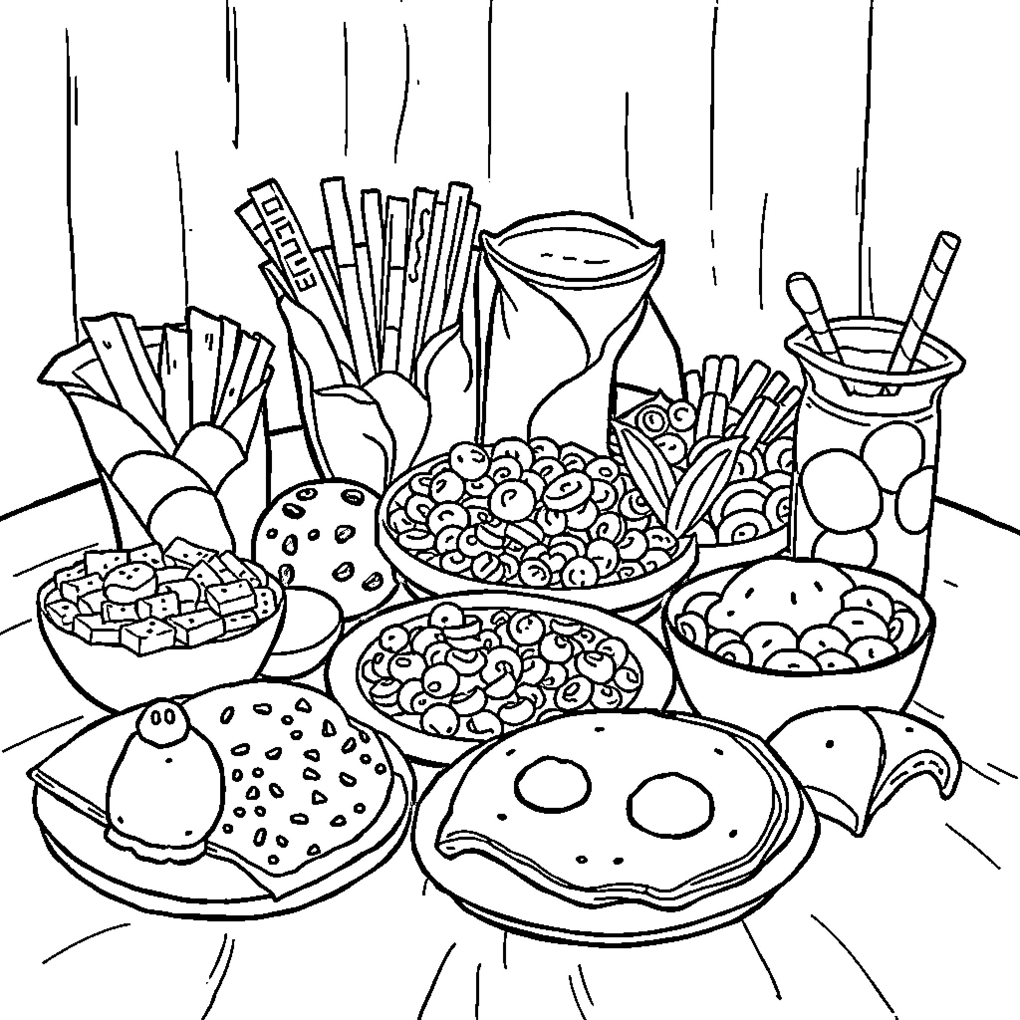 Snack Time with Assorted Delights Coloring Page (free black-and-white line drawing printable PDF for all, from beginners to advanced learners, including children, teens, adults, and seniors)