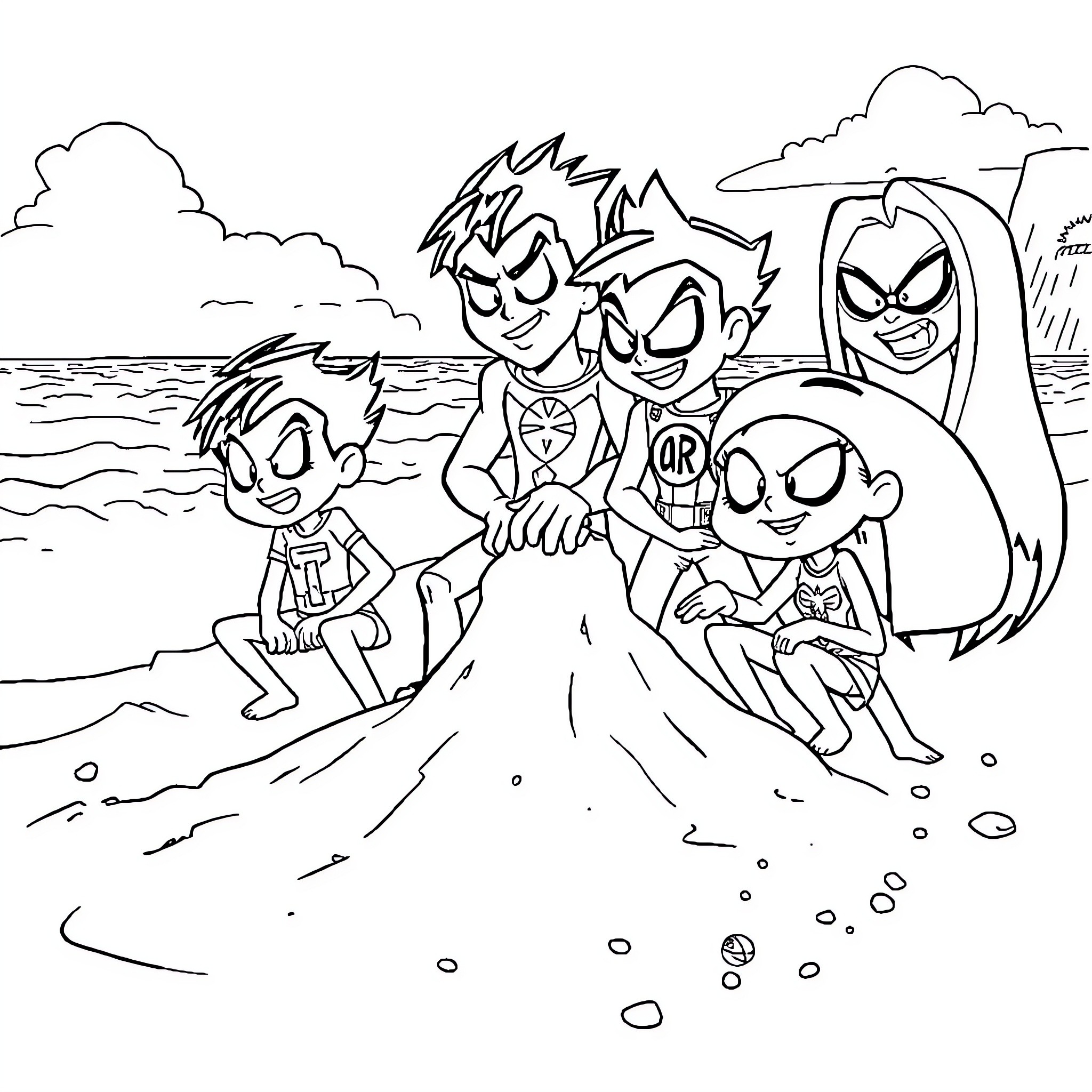 Teen Titans having fun at the beach Coloring Page (free black-and-white line drawing printable PDF for all, from beginners to advanced learners, including children, teens, adults, and seniors)