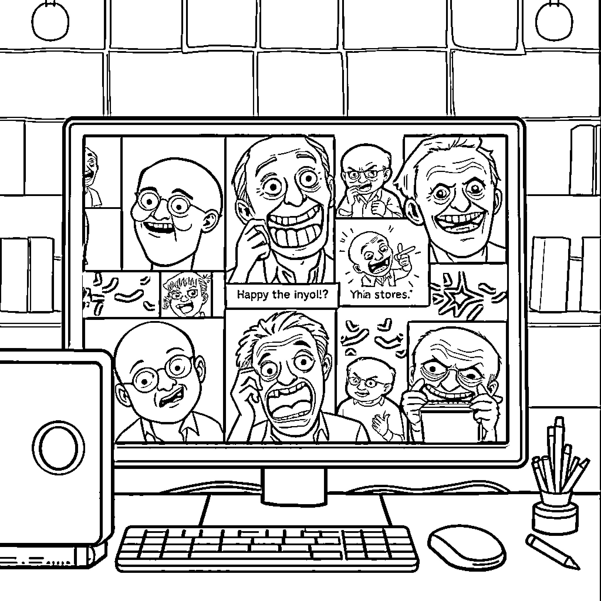 Meme: Silly expressions and reactions on a computer screen Coloring Page (free black-and-white line drawing printable PDF for all, from beginners to advanced learners, including children, teens, adults, and seniors)