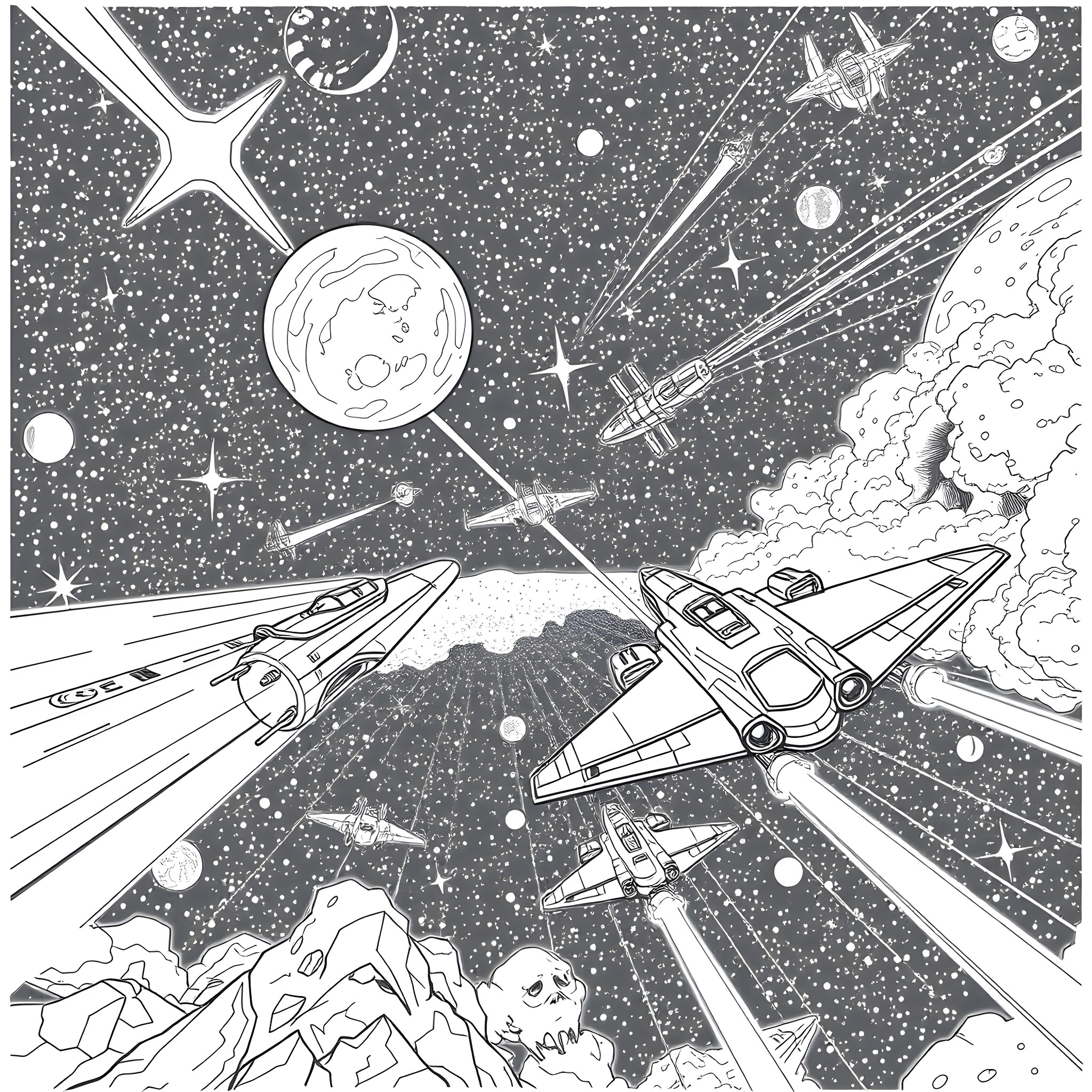 Star Wars Space Battle with Iconic Starships Coloring Page (free black-and-white line drawing printable PDF for all, from beginners to advanced learners, including children, teens, adults, and seniors)